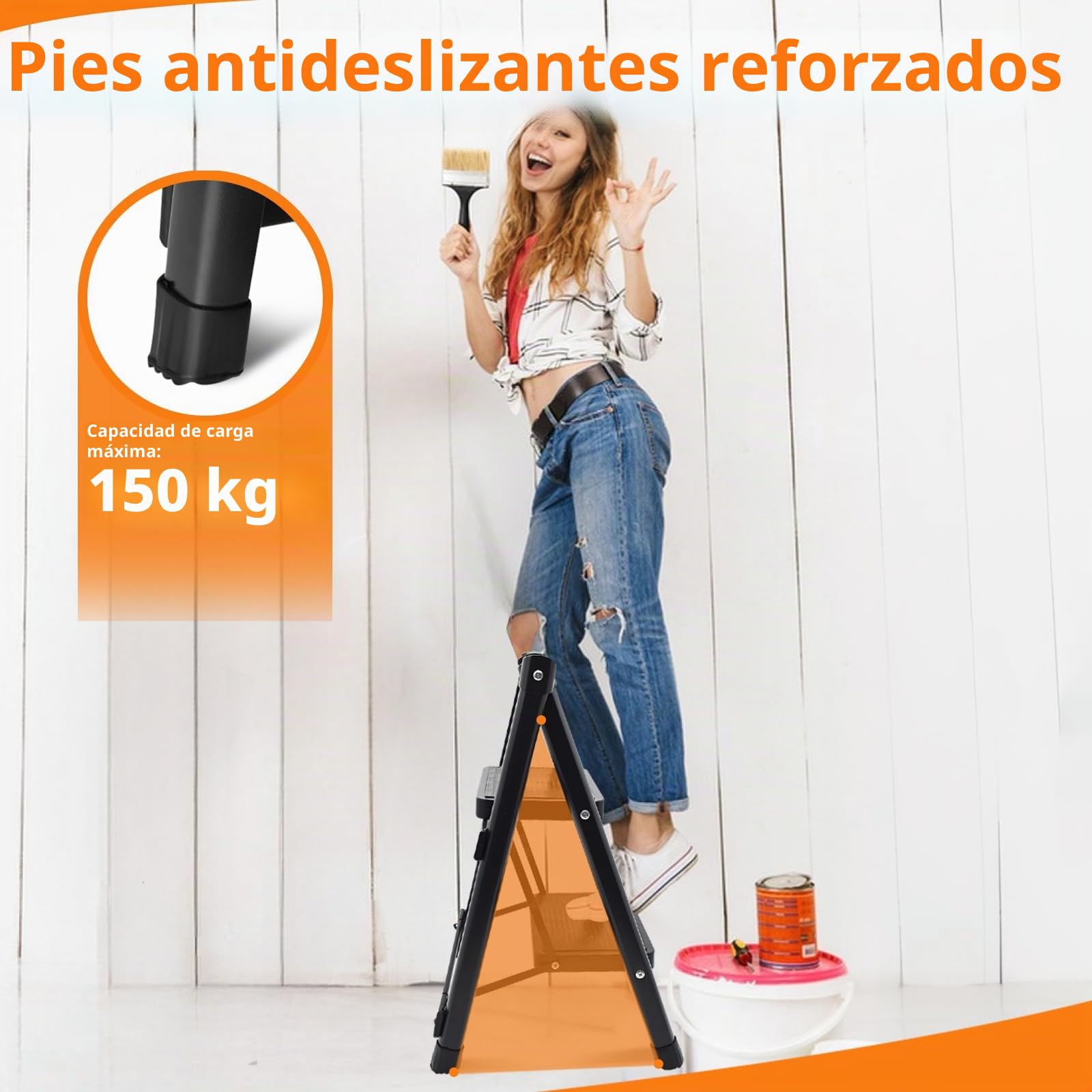 Escalera Plegable 2 Peldaños, Escalera Portátil con Pedales Anchos y Patas Antideslizantes, Escadote Ligera Pequeña para Hogar, Cocina, Interiores, Exteriores, Negro