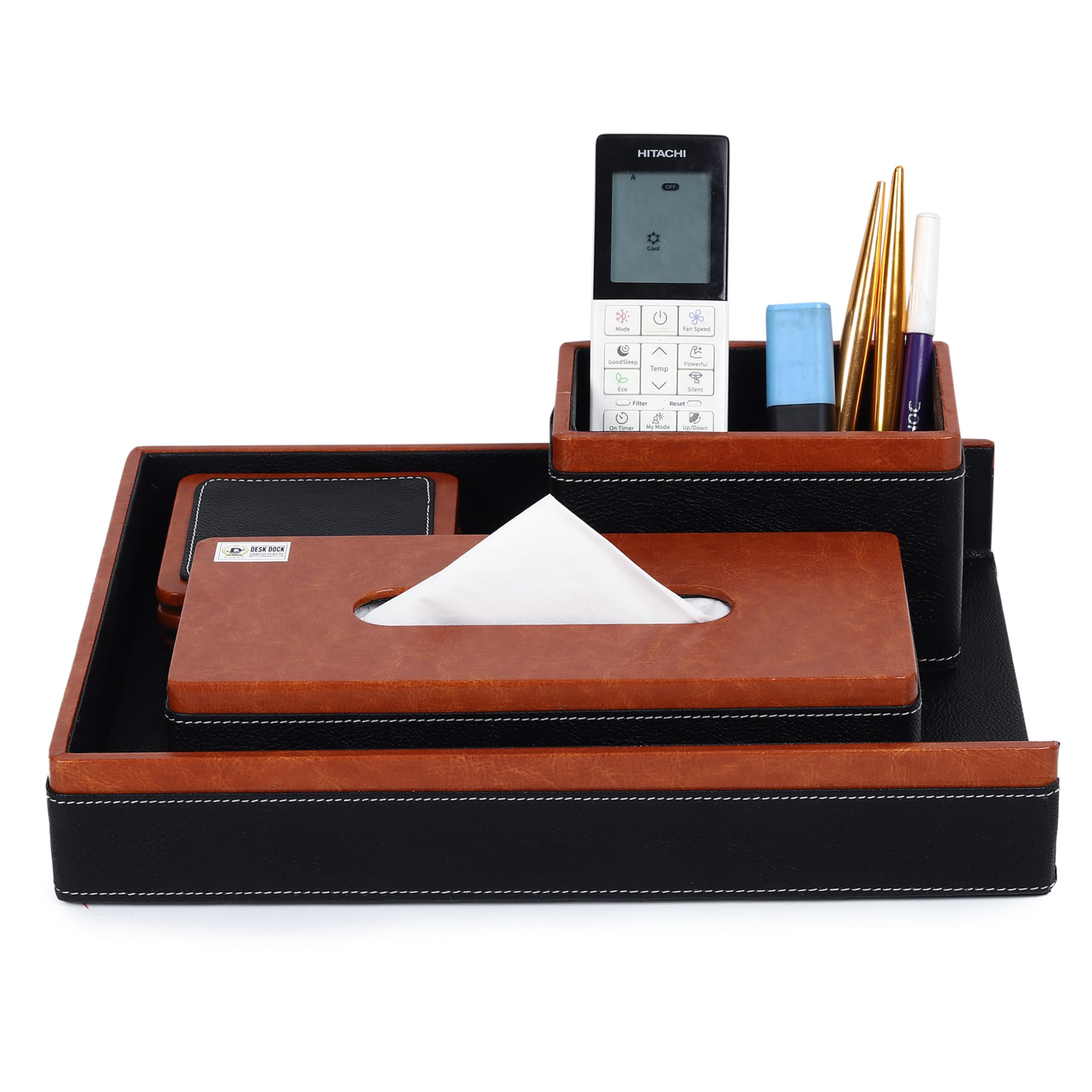 DESKDOCK VIP Organizer da scrivania in pelle con scatola per fazzoletti, porta telecomando, portapenne, nero e marrone, grande