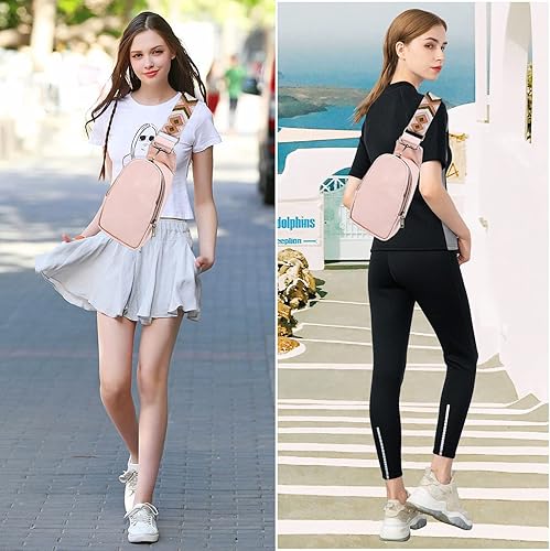 Miniatura 6 de CAIAQAZY Bolso bandolera pequeño para mujer, mochila cruzada de piel sintética, mochila multiusos para el pecho al aire libre, Rosado, Bolso
