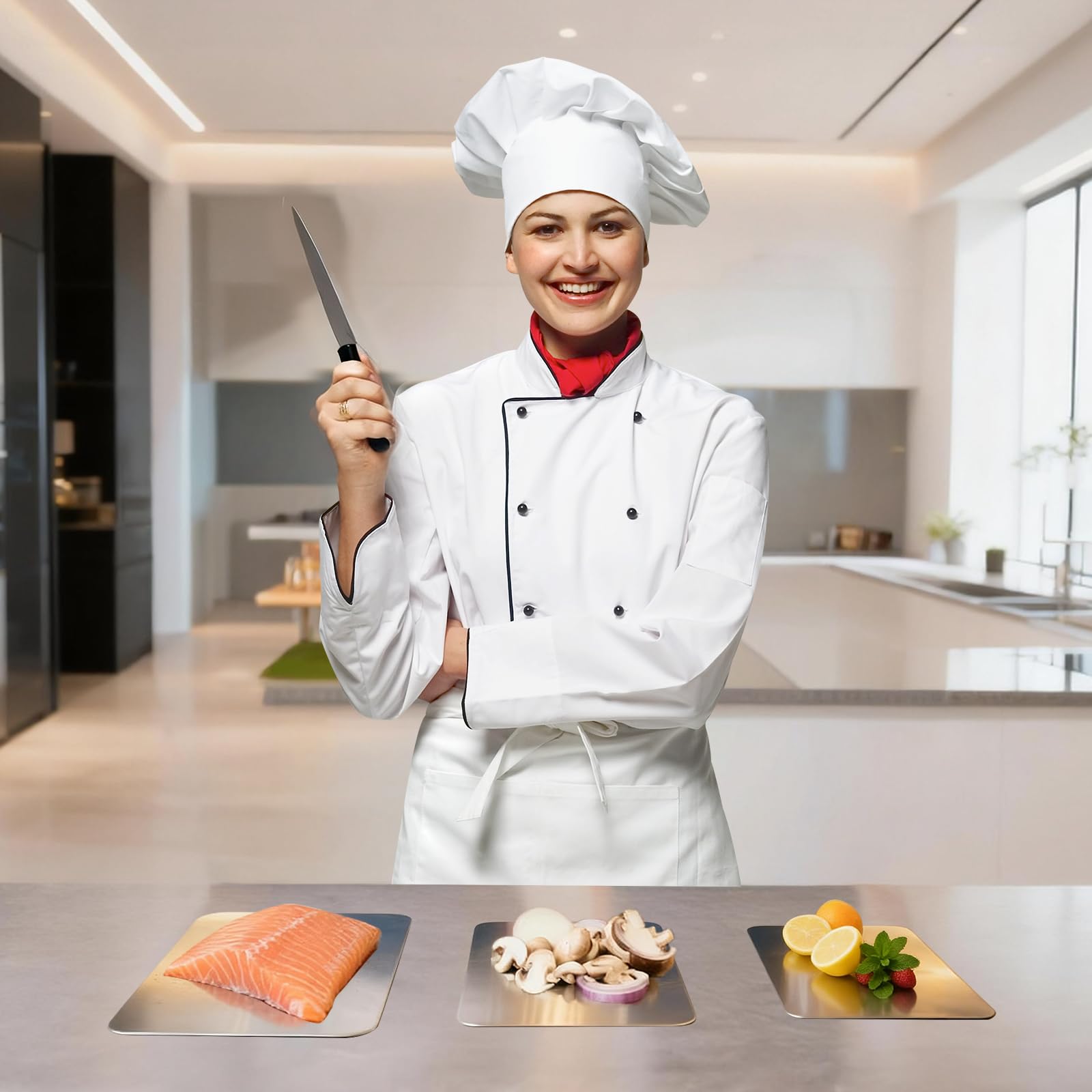 3 Piezas Tabla de Cortar de Acero Inoxidable, Grado Alimenticio de Doble Cara Tabla Cortar Titanio para Cocina, Multifunción Titanium Cutting Board para Carne,Verduras,Frutas