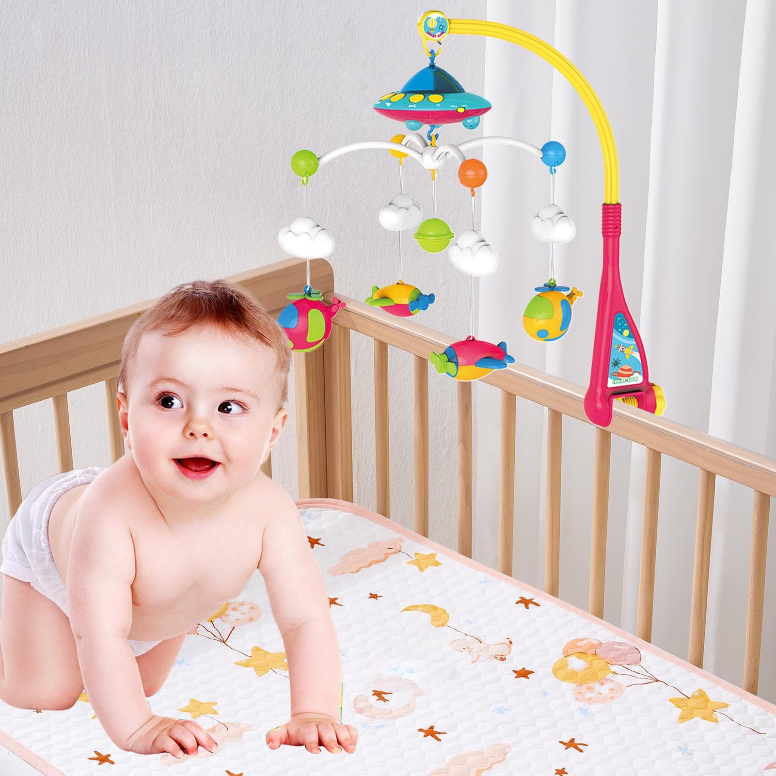 Mobile de cuna con música, móvil musical para cuna Luces Función del | Decoración de la guardería en el hogar Cuestionario para bebés para vacaciones de cump