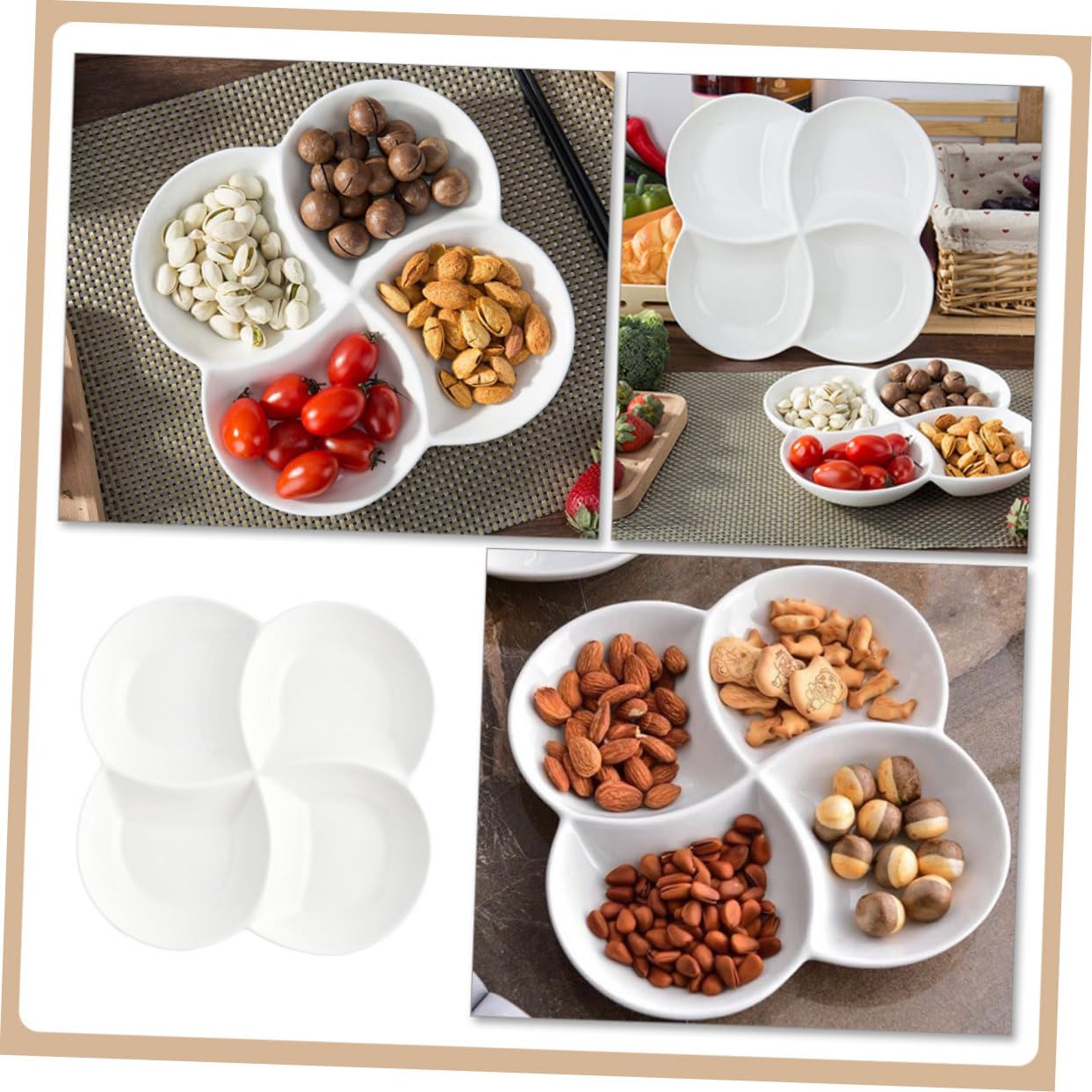 Assiette Compartimentée Surface Lisse Facile à Nettoyer en Céramique Blanche 4 Compartiments pour Snacks et Gâteaux ou Cantine