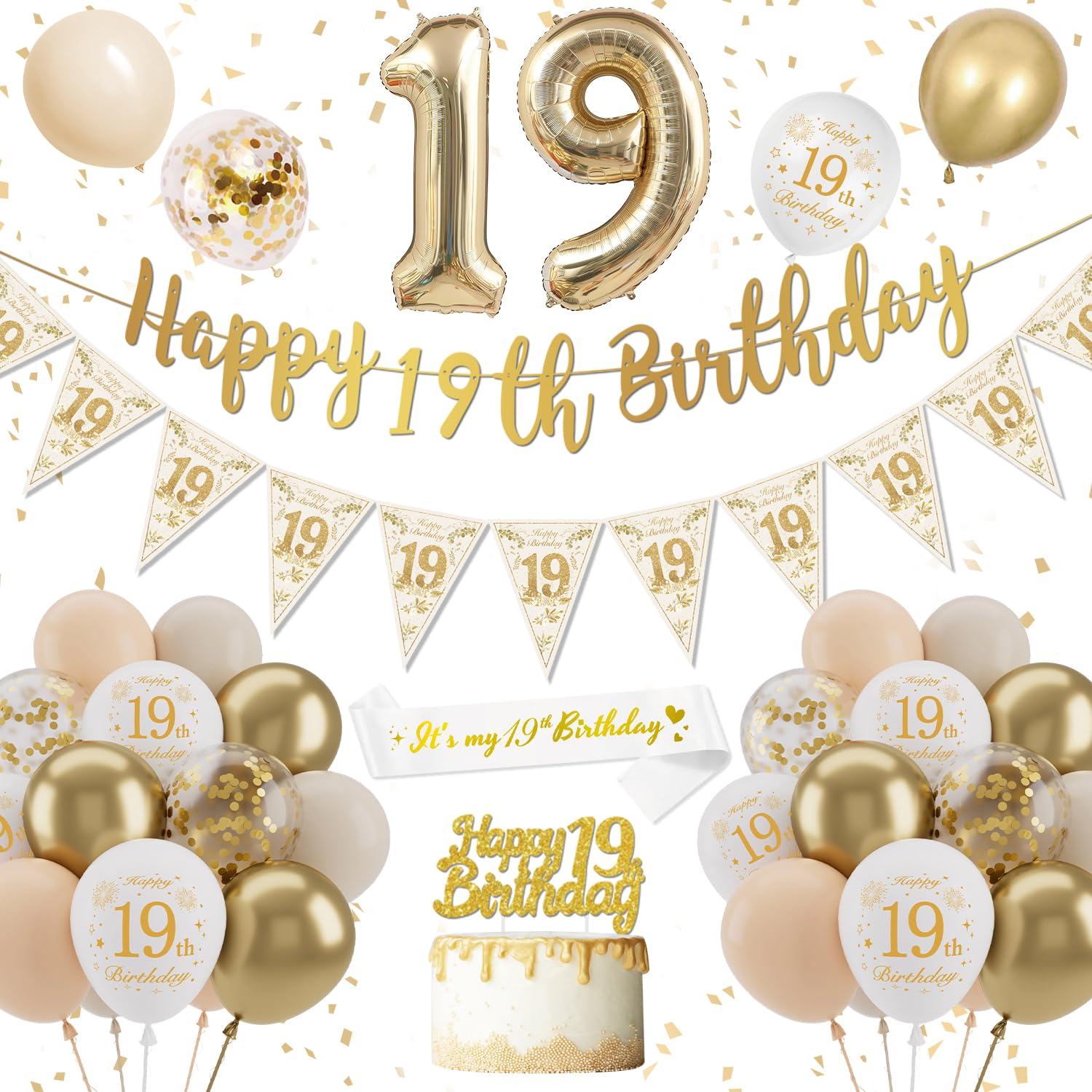 Gold & White 19th Birthday Decorations - Banner, Balloons, Cake Topper & Confetti for Girls' Party Decorations