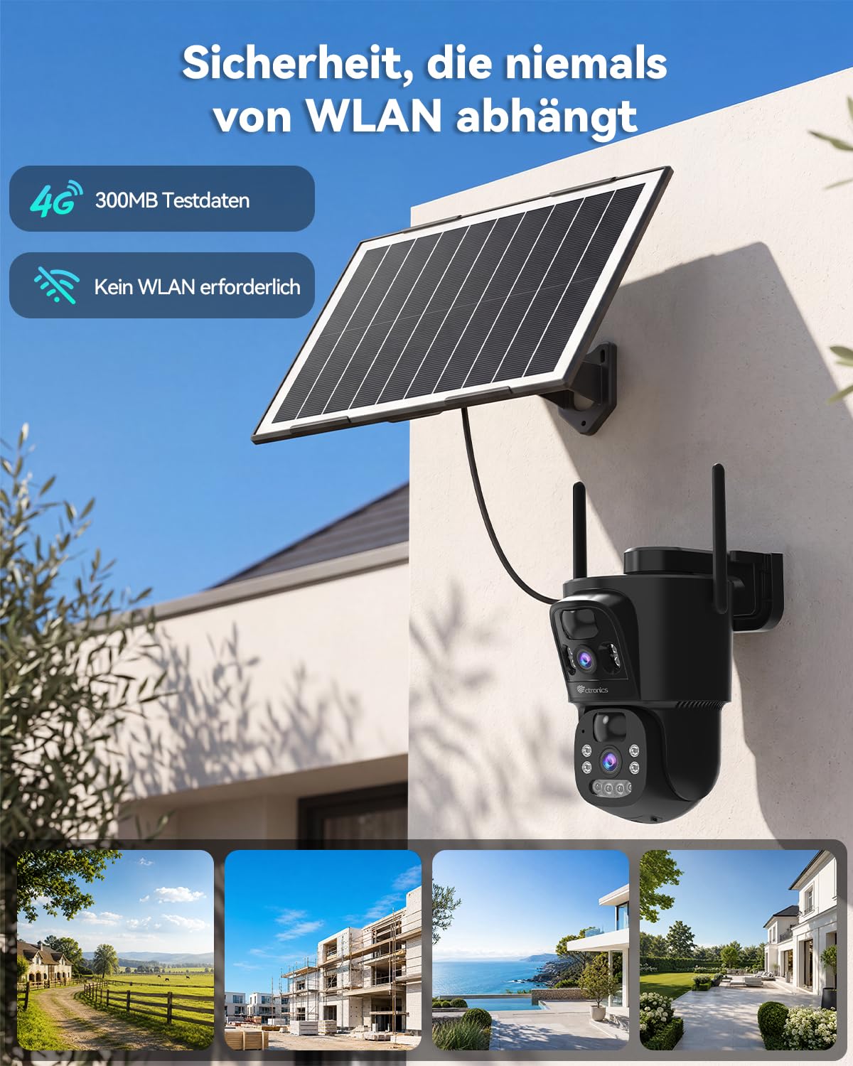 Ctronics 4G LTE Kabellos Solar Überwachungskamera Außen mit Doppellinse