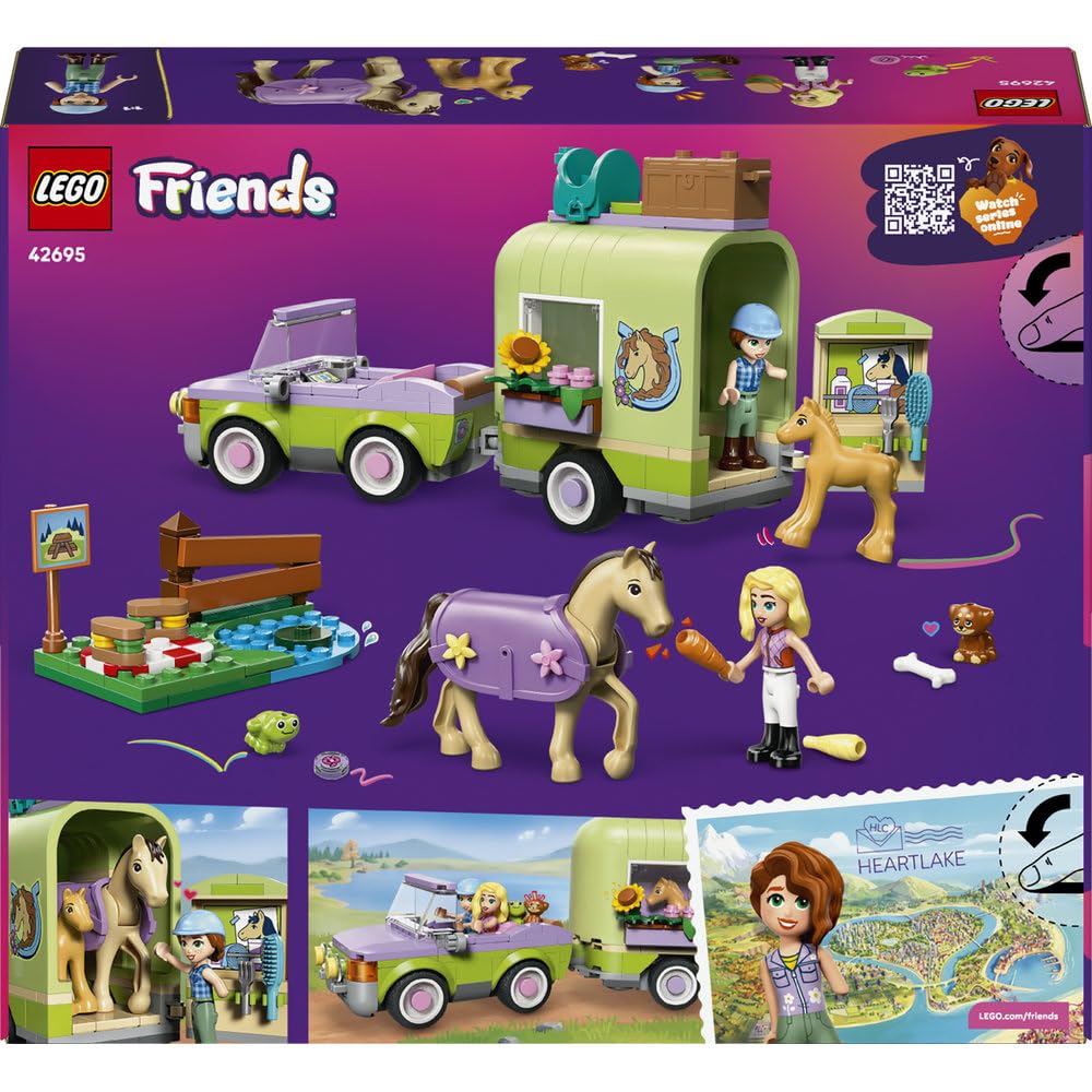 LEGO Friends Przyczepa z koniem i źrebaczkiem, zabawka dla dzieci z 2 minilaleczkami i figurkami zwierząt, kreatywne klocki na prezent dla 7-latki, dla dziewczynki, chłopca, miłośniczki koni 42695