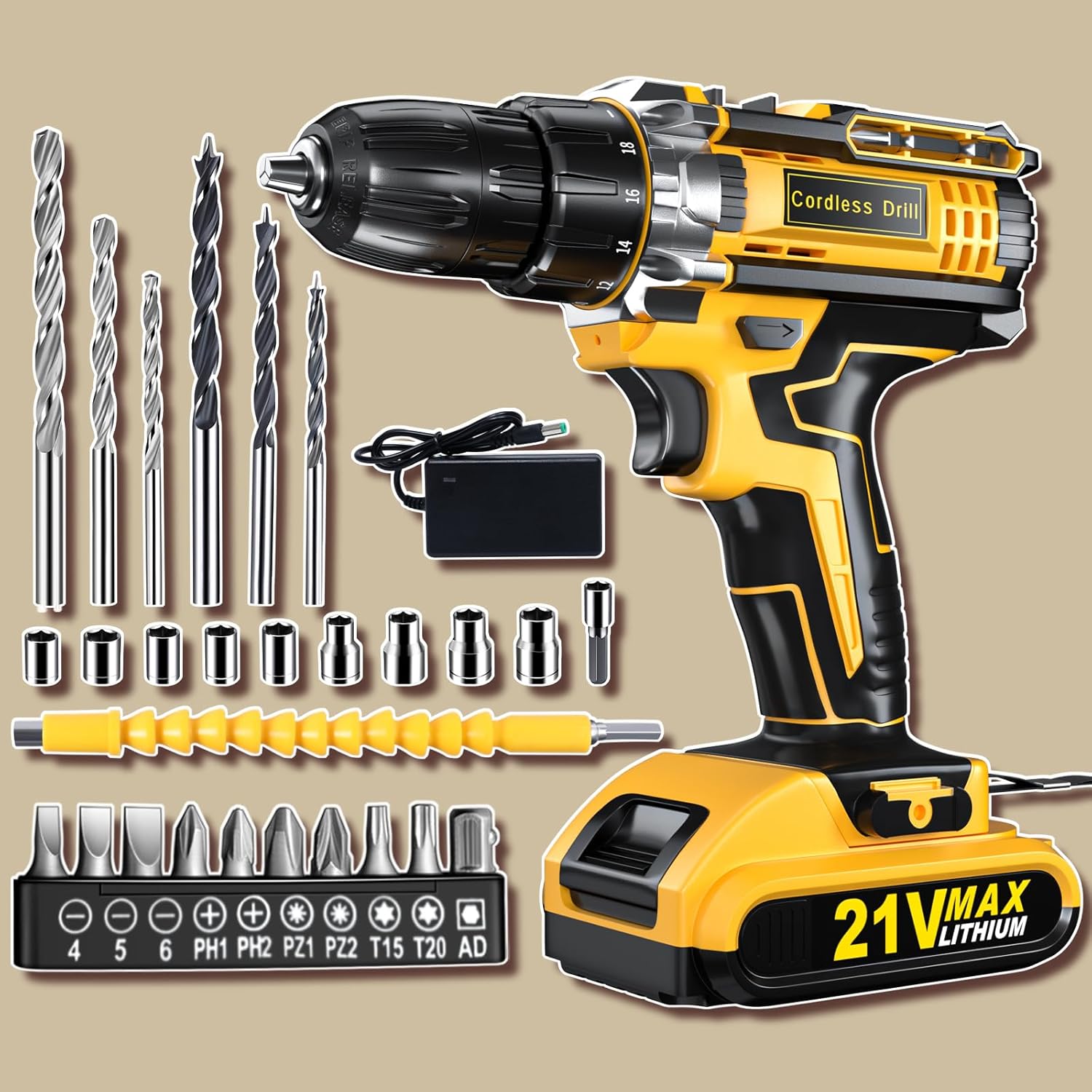 Cordless Drill Set, KELNOW 21V PowerDrill with Power Pack and Charger, 3/8-Inch Keyless Chuck ElectricDrill, 25+1 Position, 2 Speed, 27pcs Drilldriver Bits Tool Drills for DIY Projects