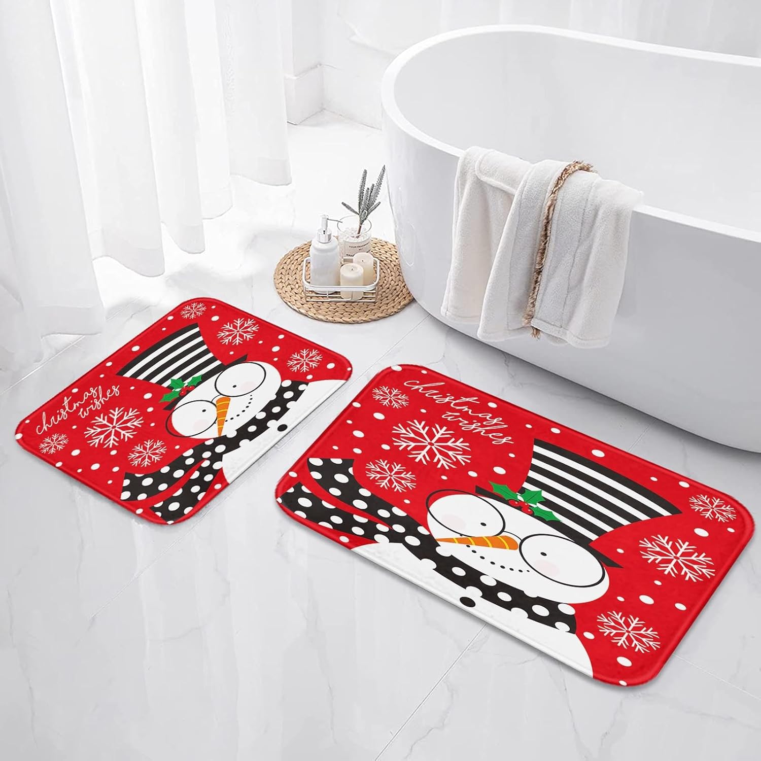 Arttown Christmas Bathroom Rug Mat Set of 2, Cute Snowman Christmas Bathroom Rug