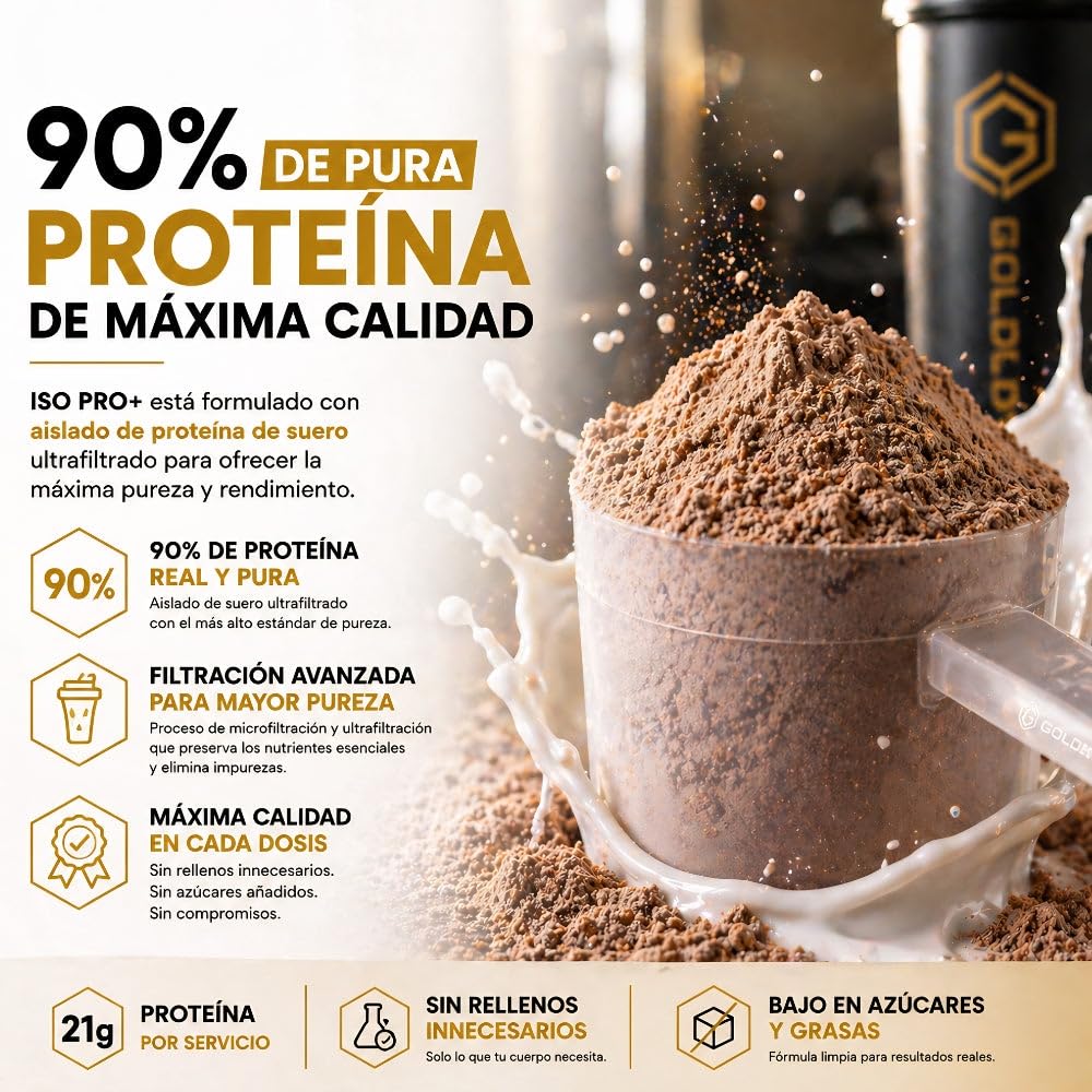 GoldenFit ISO PRO+ Proteína Whey Isolate Choconut 1kg — Aislada de Suero 84%, 21g de proteína por dosis (40 dosis) con BCAA, glutamina, creatina y enzimas digestivas
