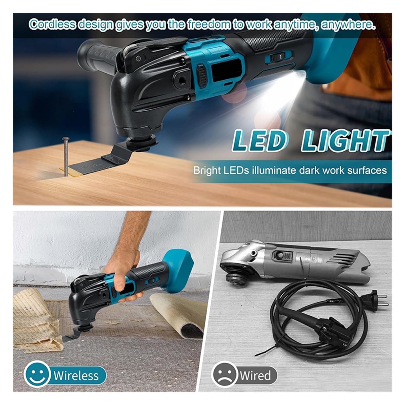 Herramienta oscilante, Sierra eléctrica multiherramienta oscilante sin escobillas, recortadora, pala, bordeadora, corte/molienda/herramienta de carpintería for batería de 18V,Lijado más agresivo(A)