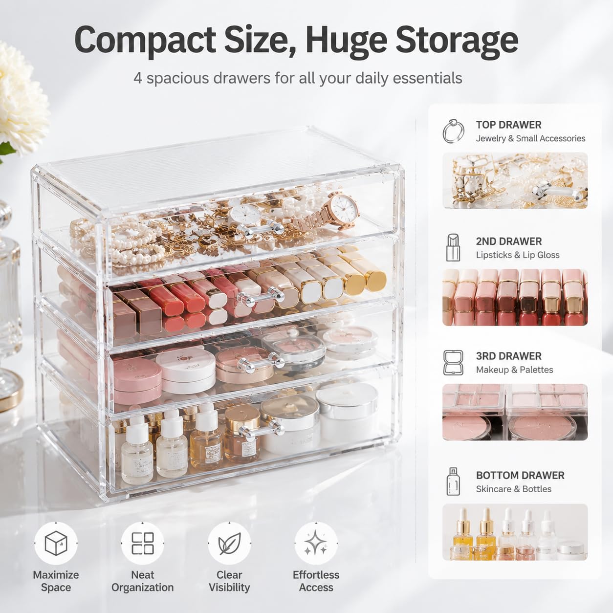 Healeved Scatola di immagazzinaggio di trucco acrilico 4 cassetti Desktop Cosmetic Organizer Grande Caso di trucco domestico a quattro strati per cosmetici da tavolo Vanity