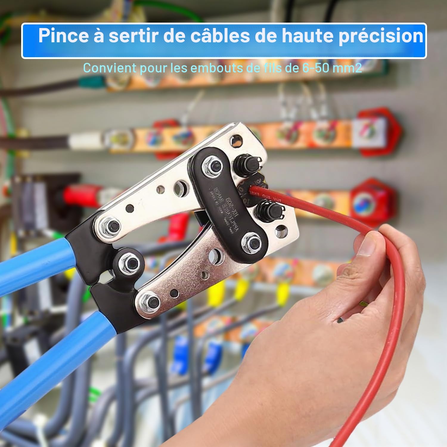 Pince à Sertir Professionnelle pour Cosses 10-1/0 AWG (6-50mm²) - Avec 80 Bornes à Anneau en Cuivre + 80 Gainettes Thermorétractables, 8 tailles, Outil de Crimpage Électrique à Cliquet Multifonction