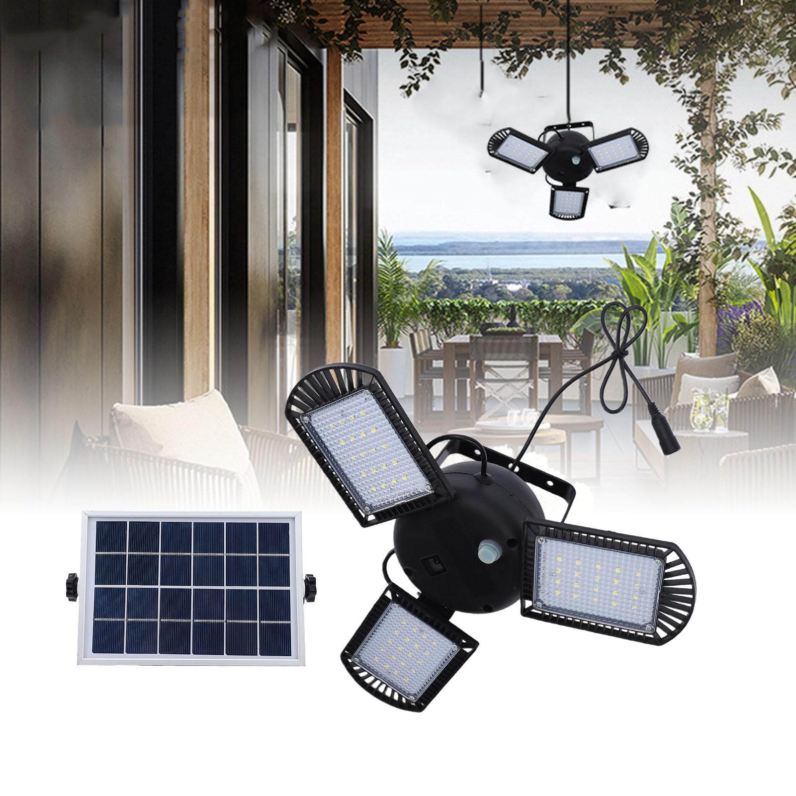 Fafeicy Luce Solare da Soffitto, 800 Flussi Luminosi con Telecomando, Pannelli Regolabili, Plafoniera LED per Garage, Batteria a Lunga Durata, per Fienile e Patio