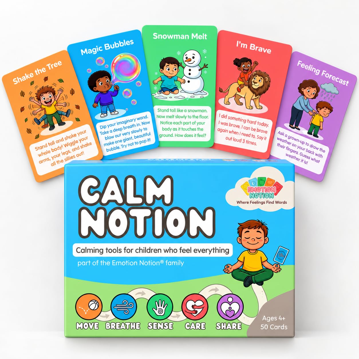 Calm Notion by Emotion Notion | 50 Calm-Down Cards for Children Ages 4+ | Breathe, Move, Sense, Care and Share