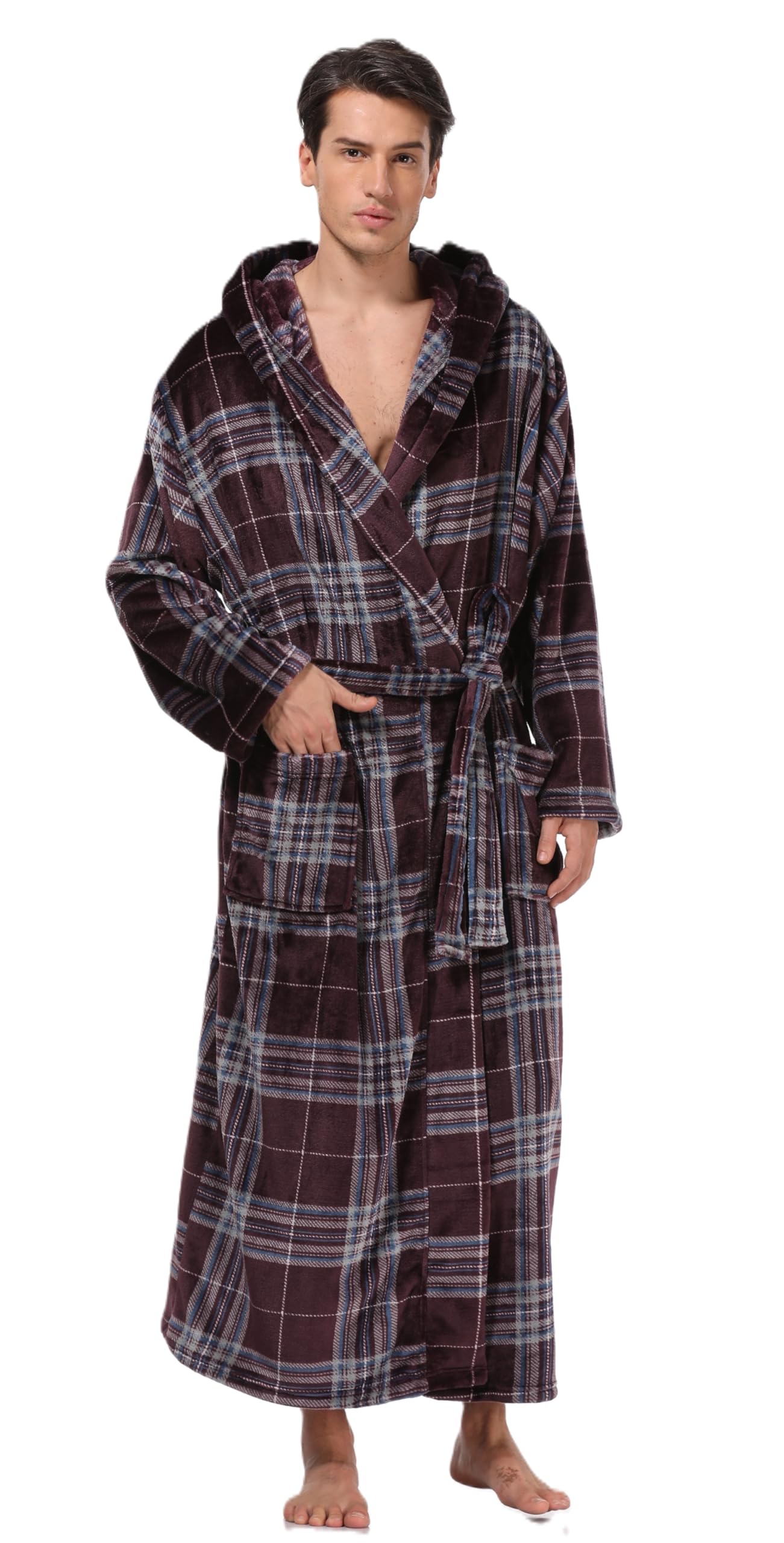 Men's Plush Hooded Bathrobe Winter Warm Fleece Robes Soft Flannel Long Robes with Pockets, Full Length