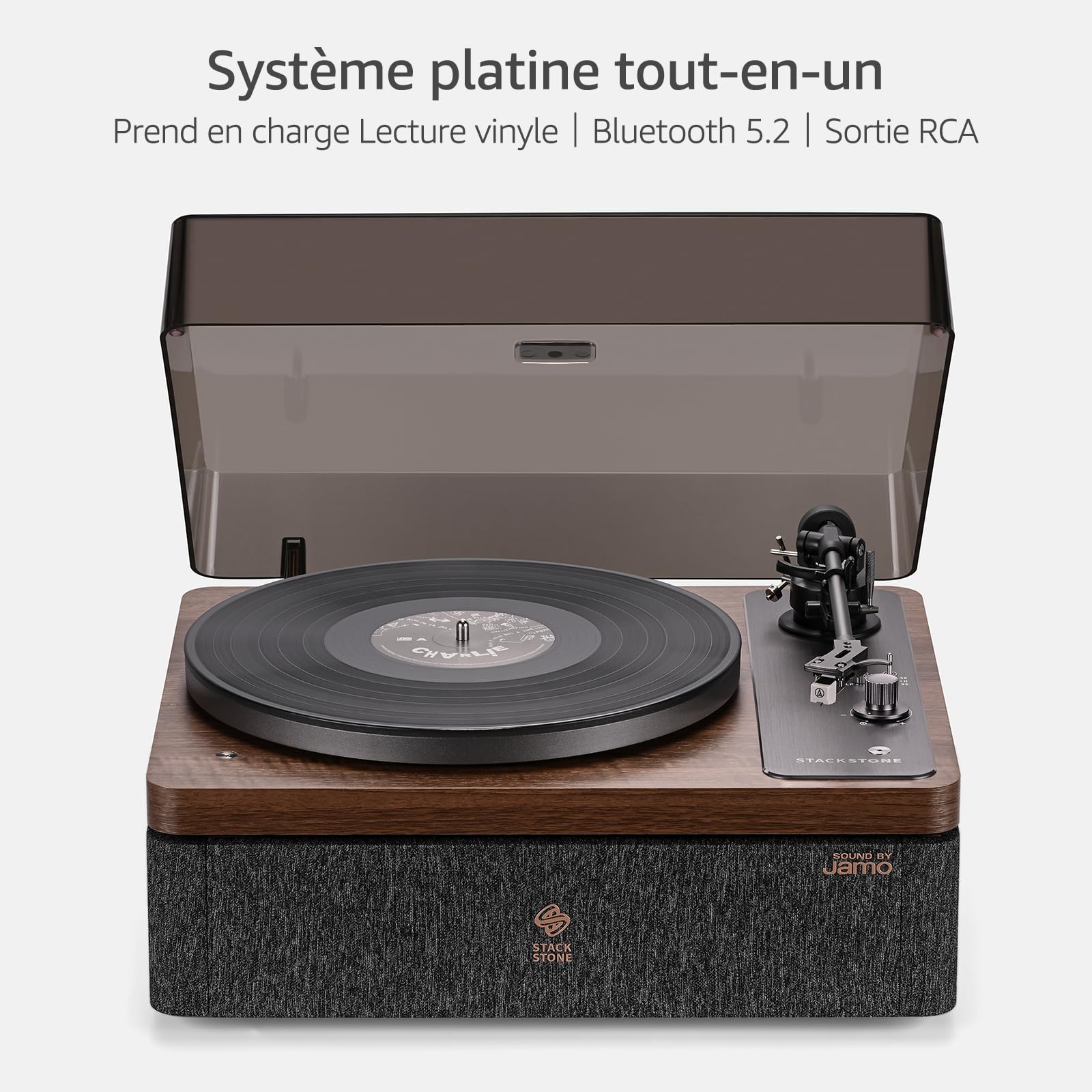 STACKSTONE x JAMO DS07 Platine Vinyle Bluetooth 5.2 avec Haut-Parleurs Intégrés, Suspension Anti-Vibration Double, Cellule AT3600L, Son Hi-FI, 33/45 Tours, Design Scandinave, Noir