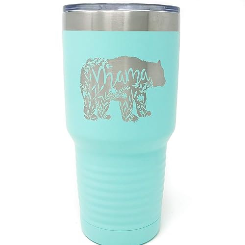 Mama Bear Floral Teal Coffee Tumbler, Perfect for Birthday and Mother's Day Gifts for Mom, Steel Travel Mug with Lid - 30 oz