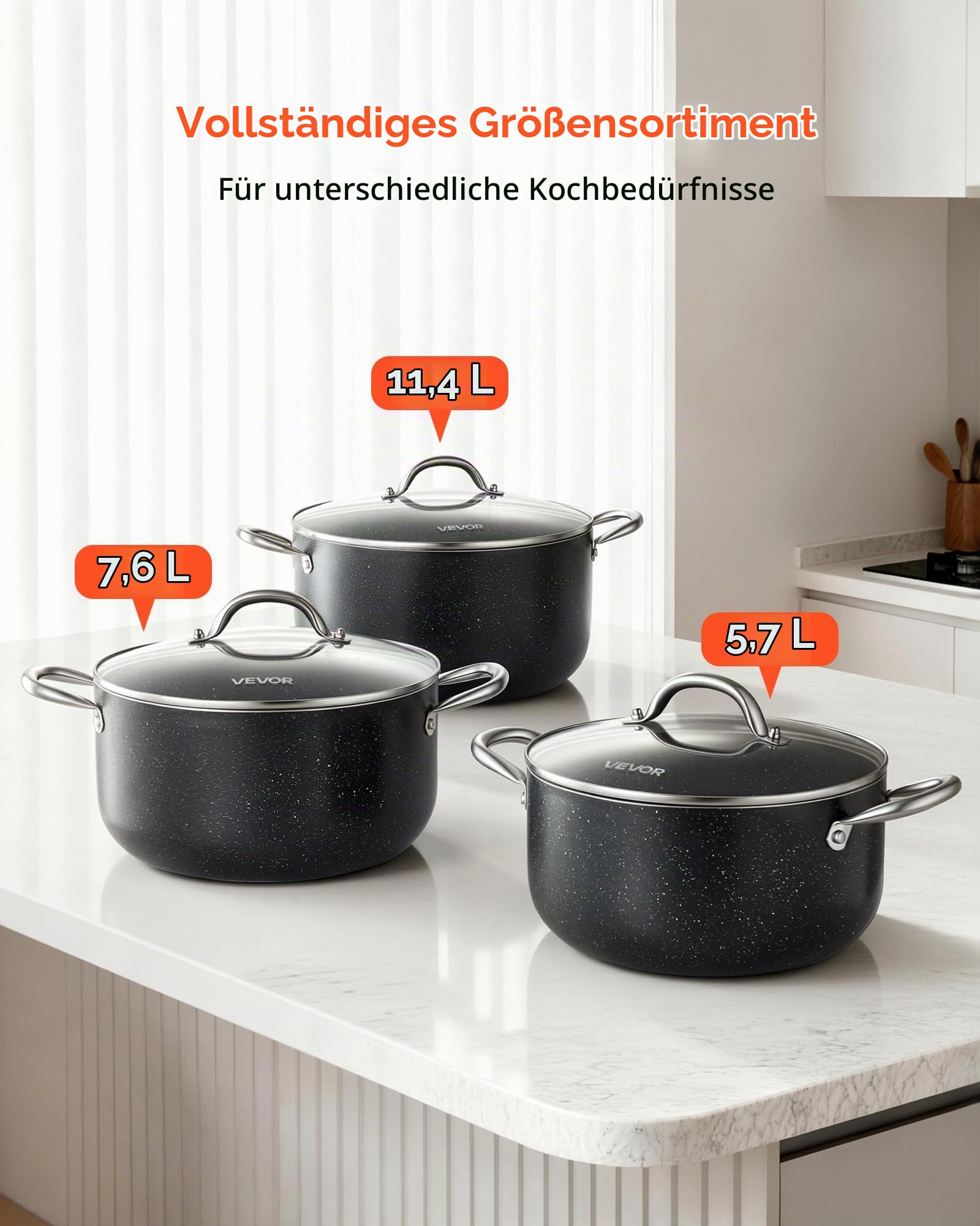 VEVOR Suppentopf aus Aluminium 11,4 L Antihaftbeschichtet Kochtopf mit Glasdeckel, PFOA- und PFAS-frei, Kompatibel mit Gasherden Induktionsherden Elektroherden, Ideal für Suppen Eintöpfe und Pasta