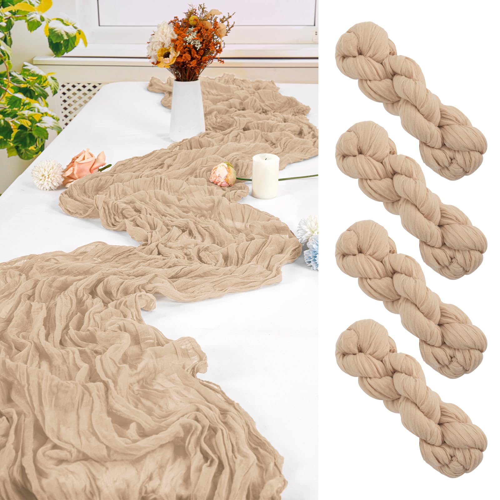 FXKS 4 Pack Beige Cheesecloth Table Runner,55x300 cm Table Runner — image 1