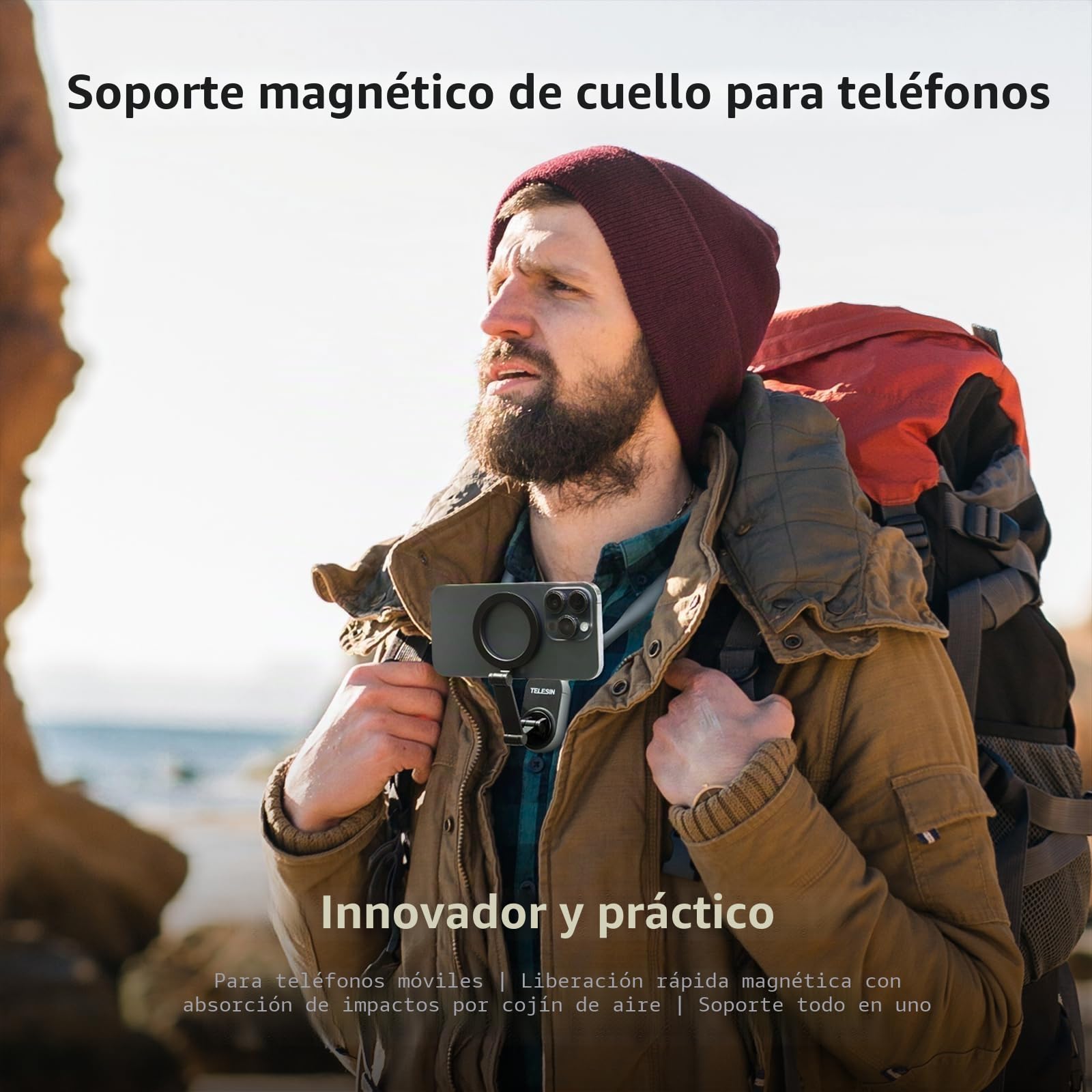 TELESIN POV/Vlog Cunas de Cuello Magnético para Teléfono, Collarín Telefónico Soporte con Manos Libres Soporte de Pecho para Grabación de Vídeo Correa para iPhone 17 16 15 14 13 12 Android (Gris)