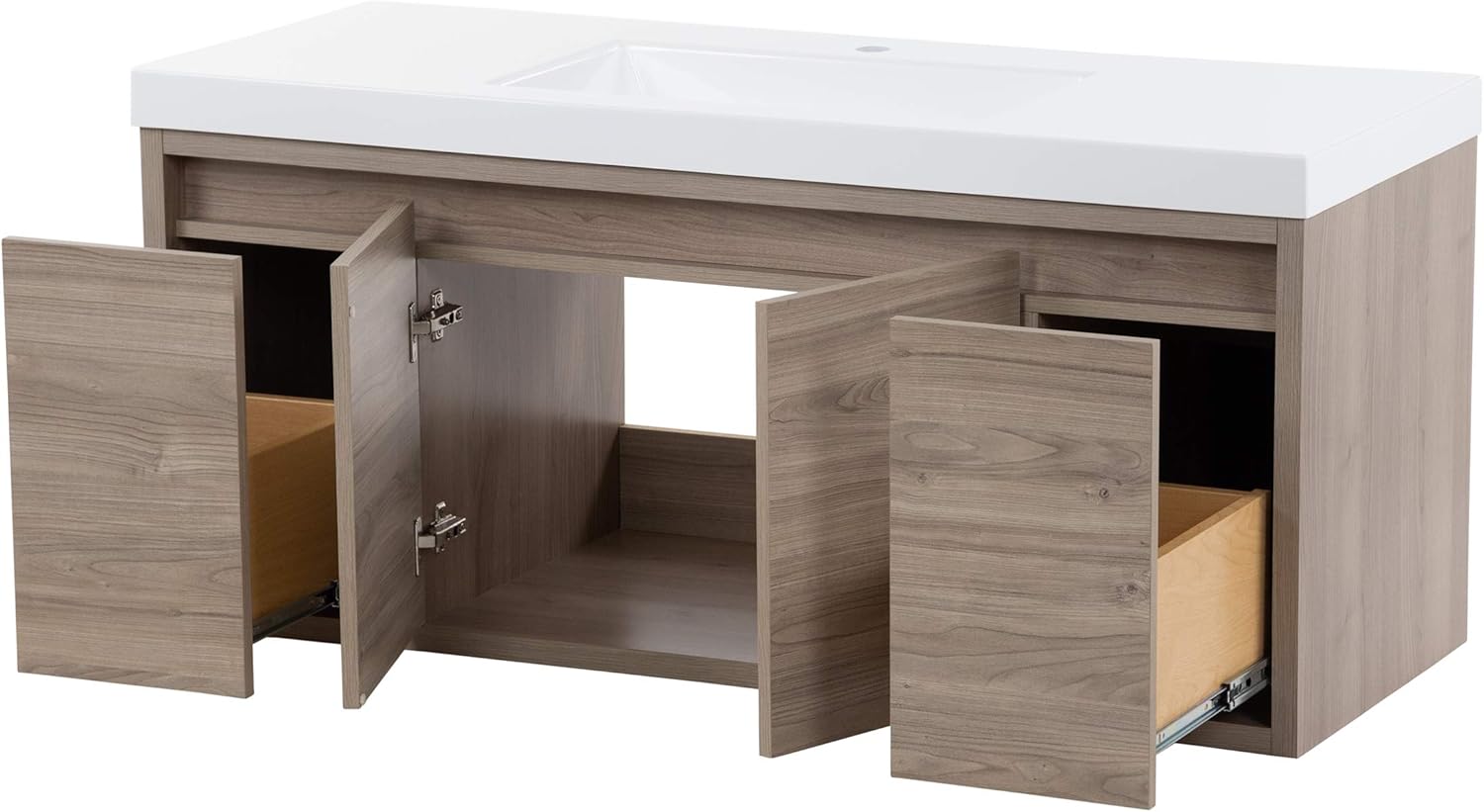 Spring Mill Cabinets Kelby 48 Inch Modern Floating Bathroom Vanity with White Single Sink Top, 2-Door Cabinet, 2 Soft-Close Drawers, 48.5" W x 18.75" D x 22.25" H, Forest Elm