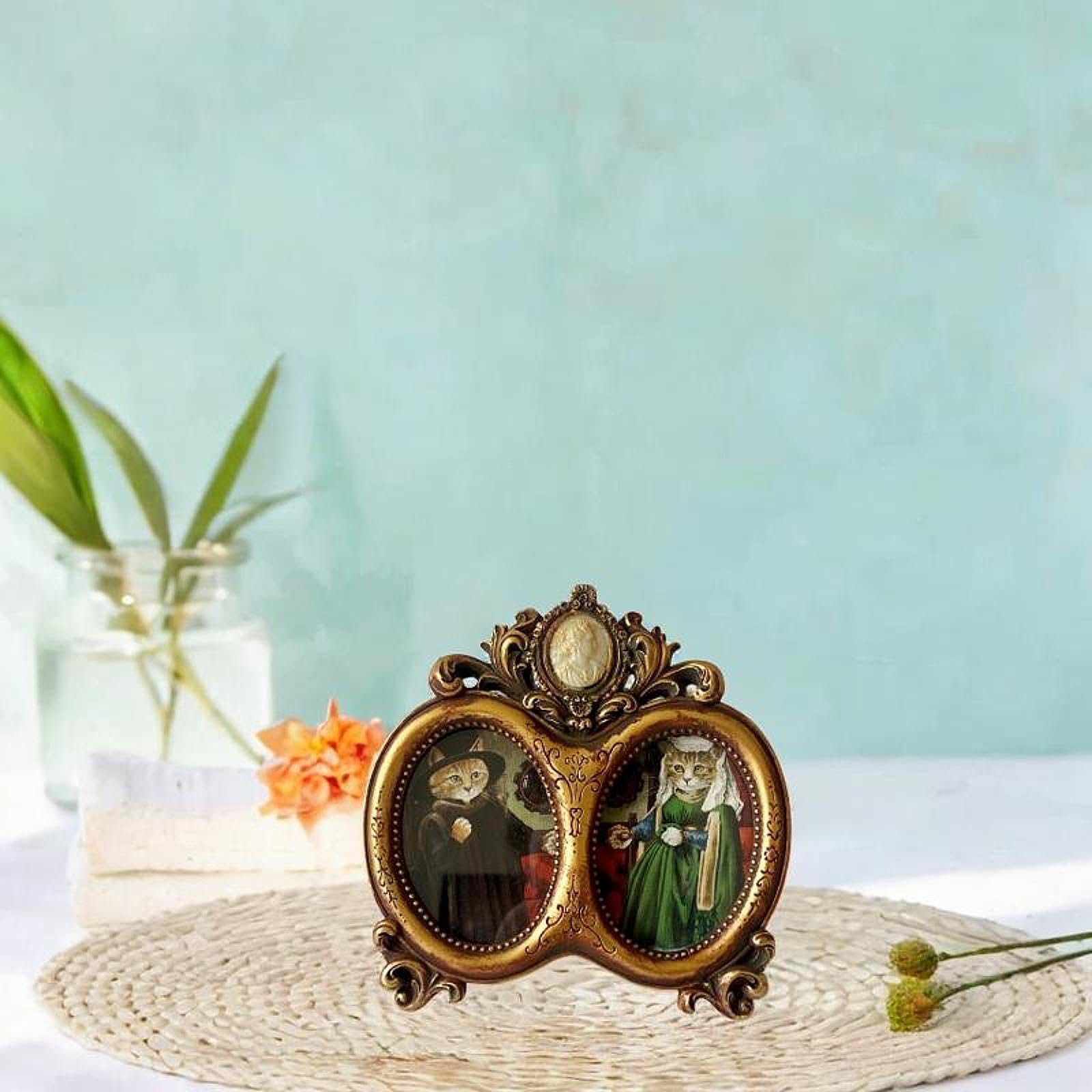 Bilderrahmen Standfotorahmen Tischdeko Wandaufhänger Resingehäuse Kreatives Vintage Design für Heimdekoration Freunde Geschenk, Golden