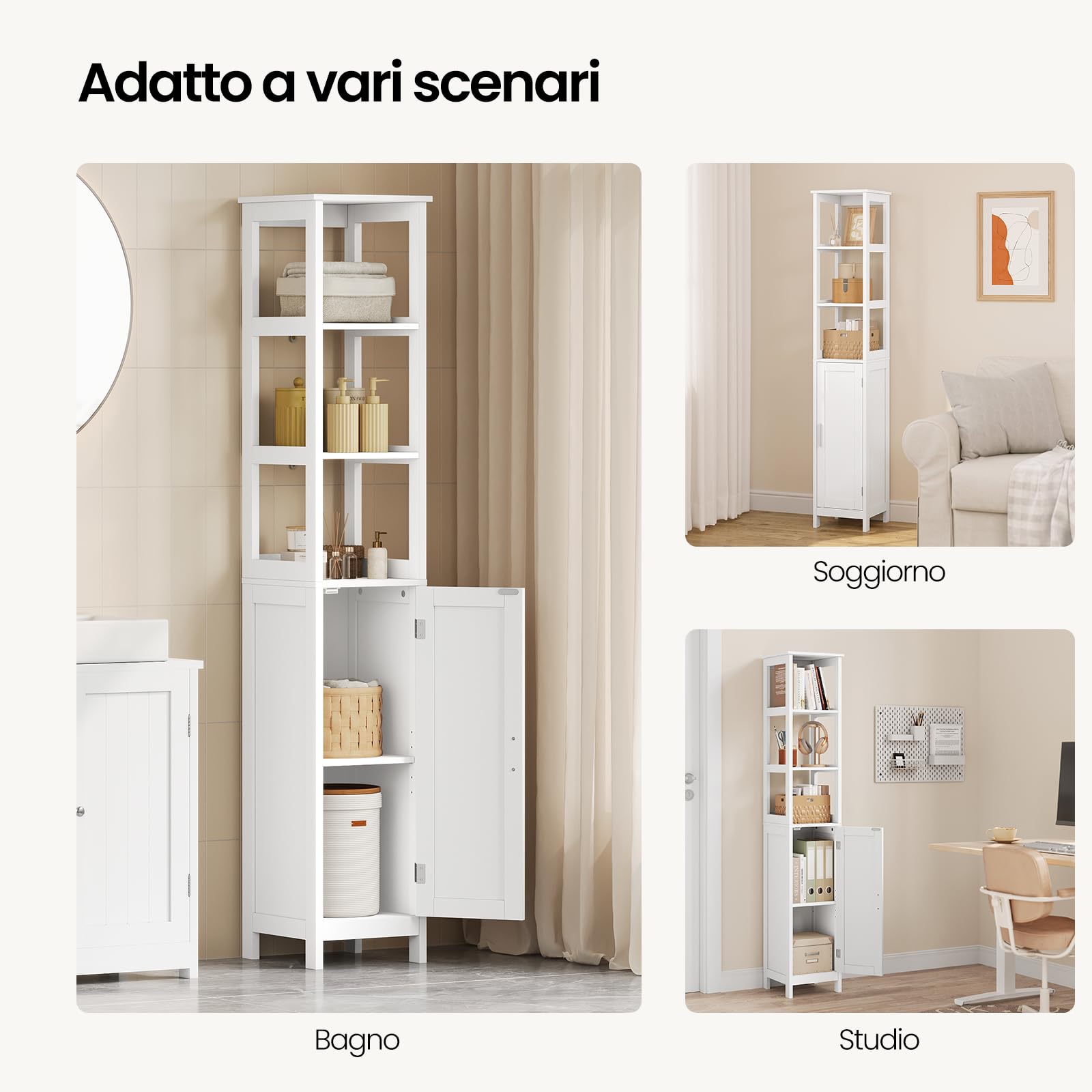 EUGAD Mobile Alto da Bagno, Mobiletto da Bagno, con 3 Scomparti Aperti, 30x30x163 cm, Portaoggetti, Mobiletto Salvaspazio Stretto, per Bagno, Soggiorno, Studio e Ufficio, Bianco 002WDG