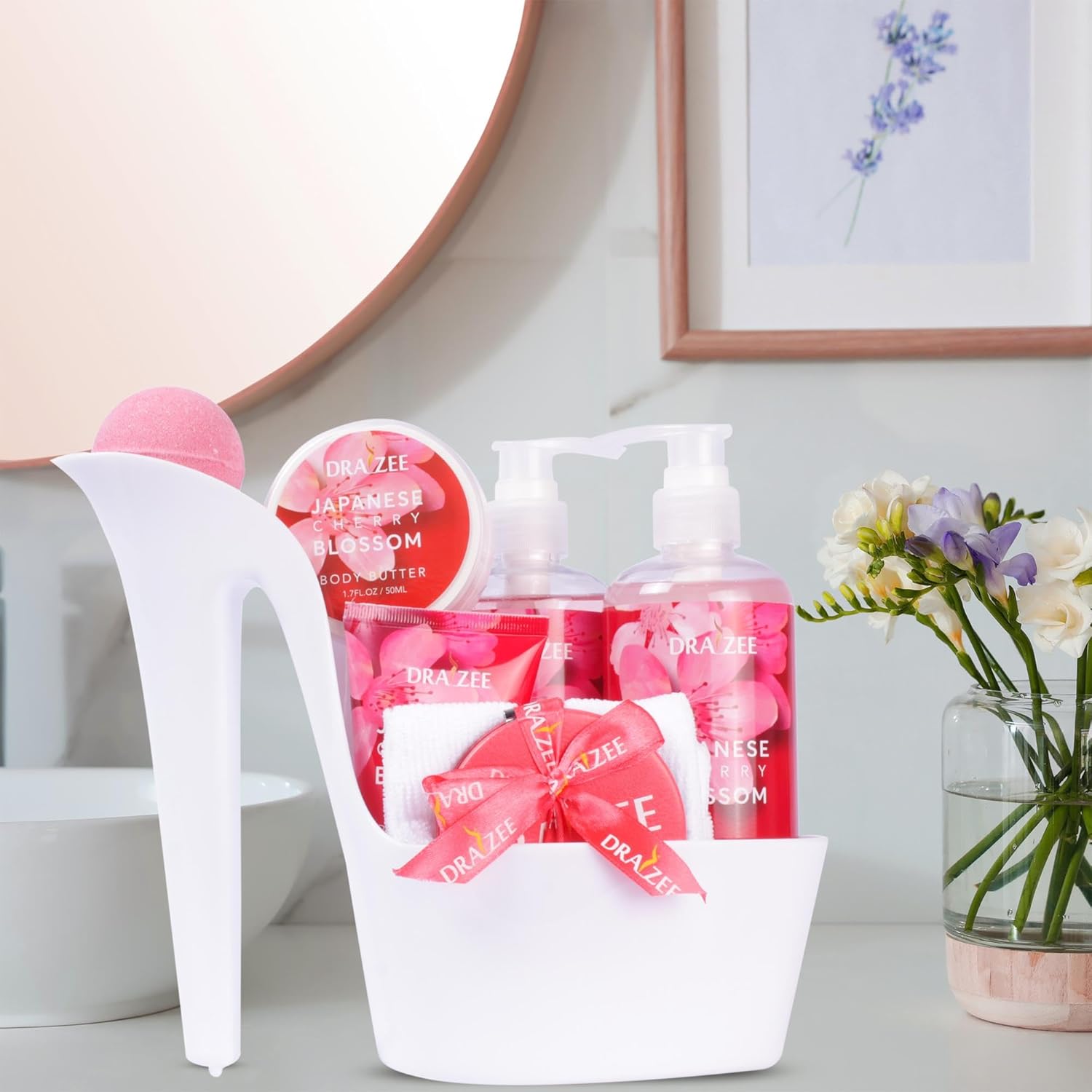 Valentine’s Day Gifts for Women – 8 Pc Spa Gift Baskets for Women, Cherry Blossom Scented Heel Shoe Spa Basket, Elegant Bath Set, Romantic Spa Gift by Draizee - Image 2