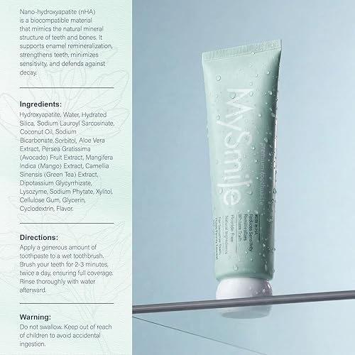 Vista 9 de MySmile Pasta de dientes nano hidroxiapatita sin flúor para dientes sensibles, fortalece el esmalte, remineraliza y blanquea los dientes, refresca