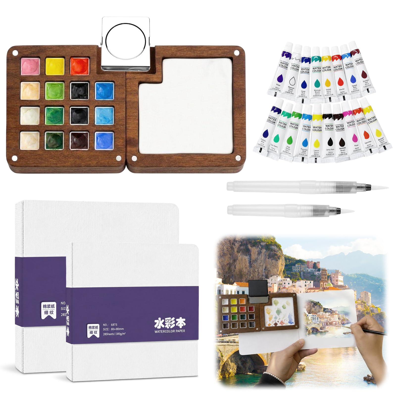 Fakindiy Mini Watercolour Paint Set - Travel Watercolour Set, 15 Grid Walnut Wood Pocket Palette with 18 Paints, 2 Sketchbooks, Brush Pens and Clip, Art Painting Gift Set for Beginners Artists