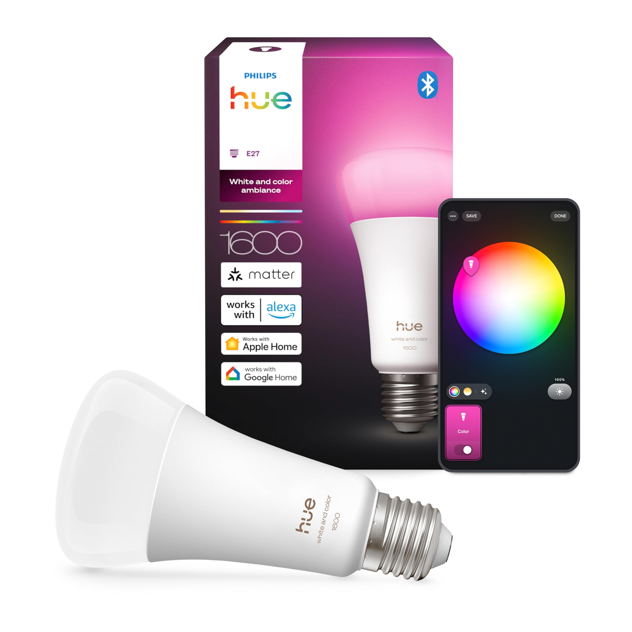 Philips Hue LED A67 lamba, beyaz ve renkli ambiyans, E27 duy, 11,8 W, tam spektrumlu ışık 1000 K-20000 K, 1600 lümen, kısılabilir, Alexa, Google Assistant ve Apple Home ile uyumlu, tekli paket