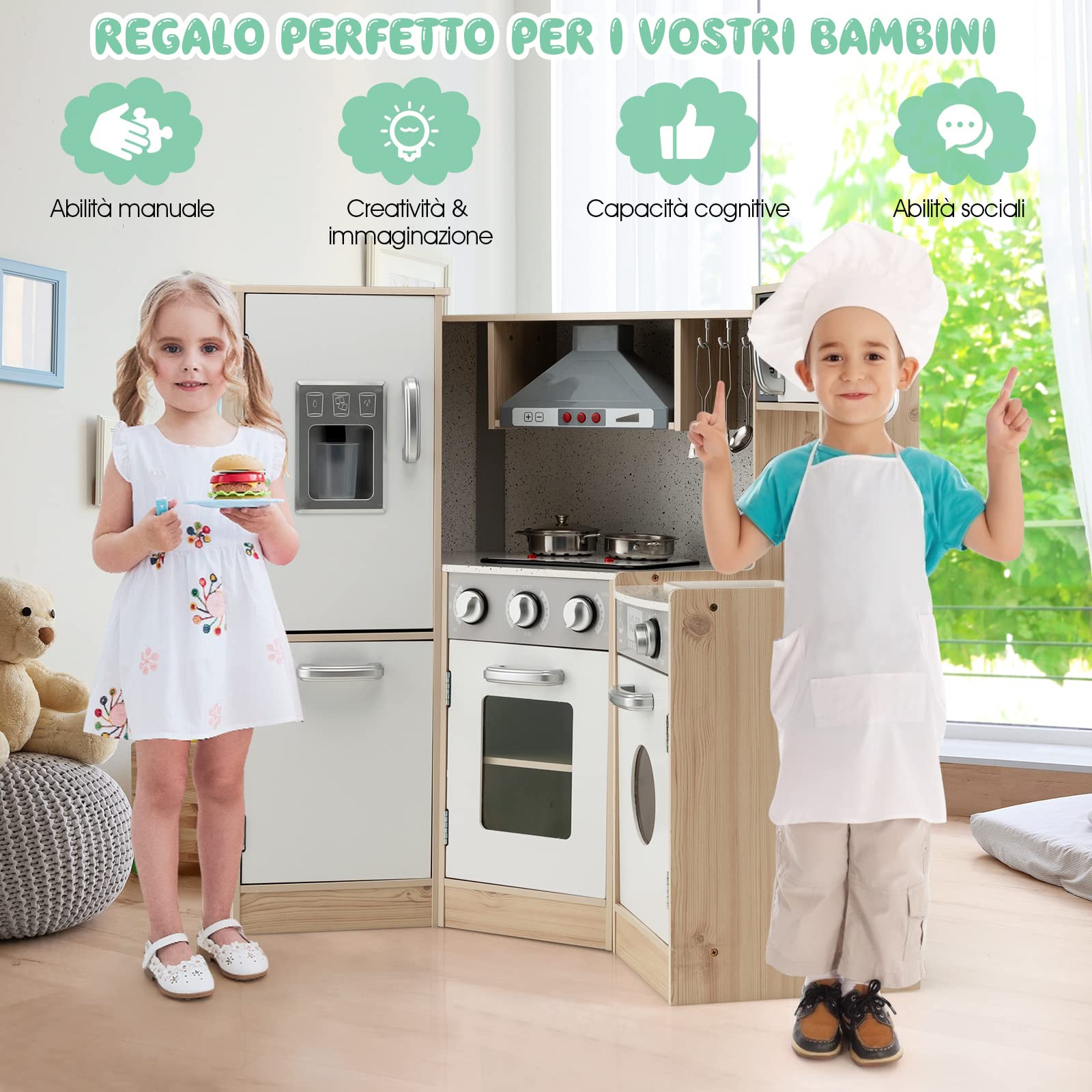 COSTWAY Cucina Giocattolo Legno per Bambini con Macchina del Ghiaccio, Telefono, Lavatrice, Forno, Microonde, Lavello e Rubinetto, Funzione Luci e Suoni, 3+ Anni