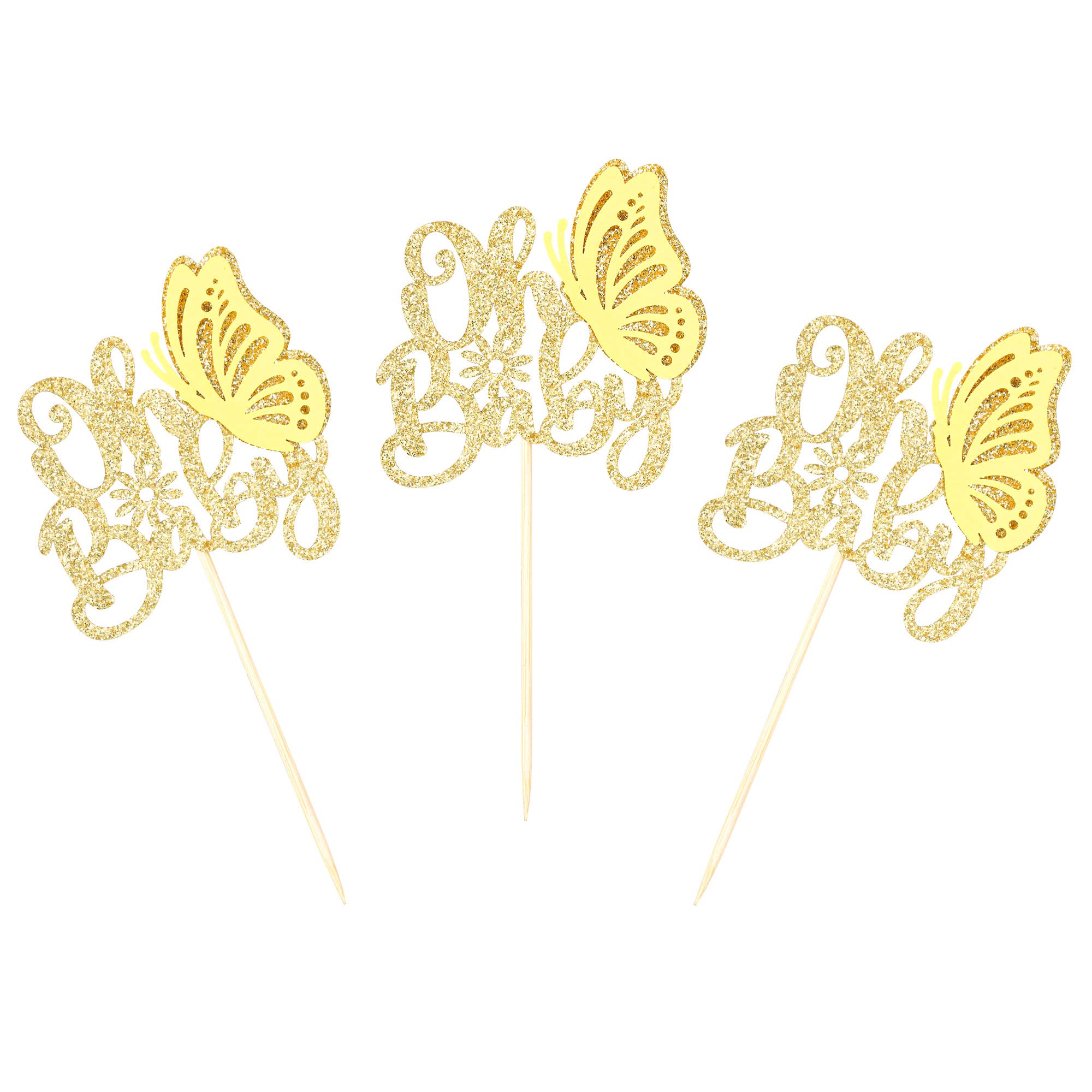 24Pcs Butterfly "Oh Baby" Cupcake Toppers - Gold Glitter Baby Shower Decorations For Girls Birthday Party