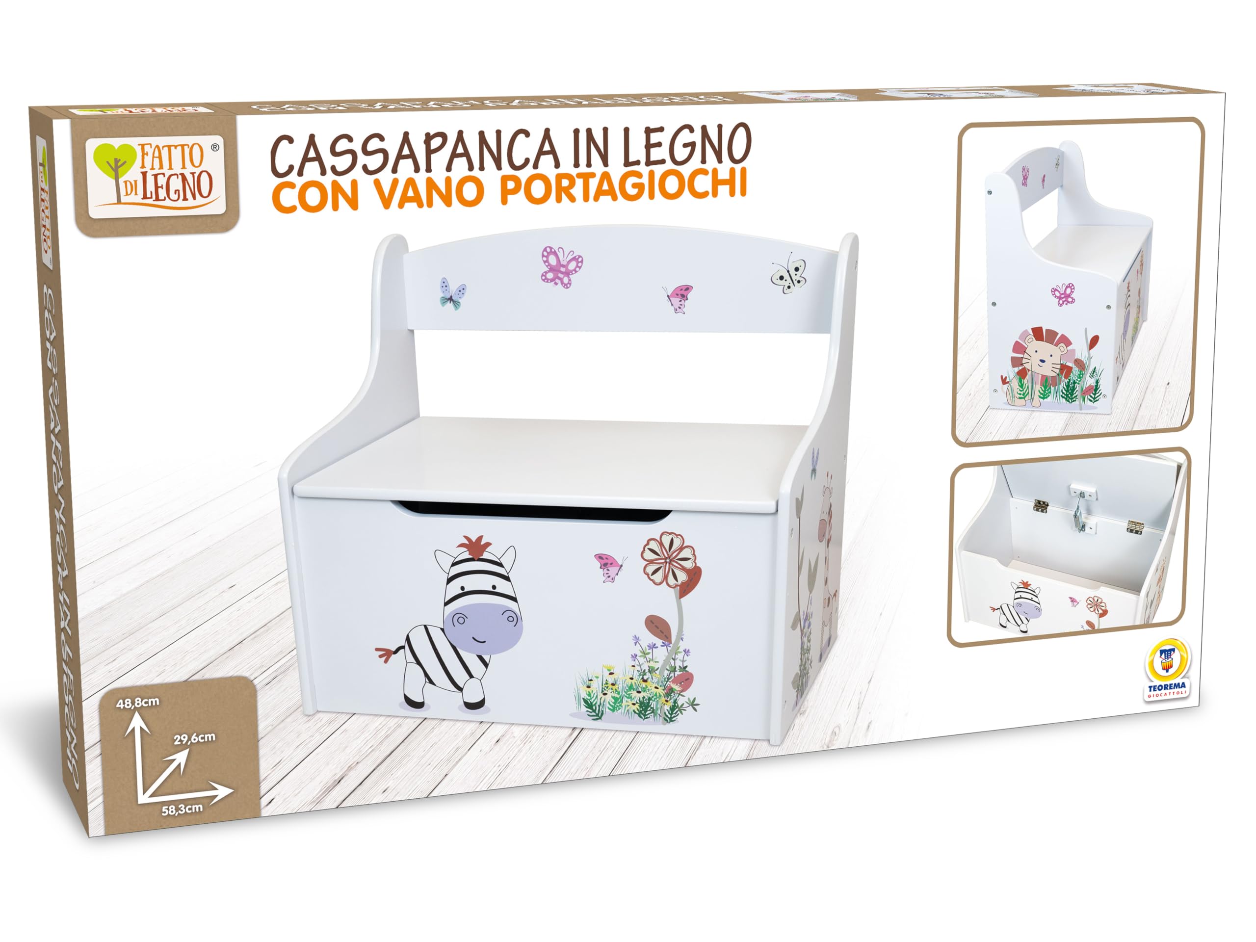 Teorema Giocattoli, Cassapanca Porta Giochi Bambini, Panca Contenitore 2 in 1 con Schienale, Baule in Legno con Coperchio di Sicurezza per Cameretta, Design Animali