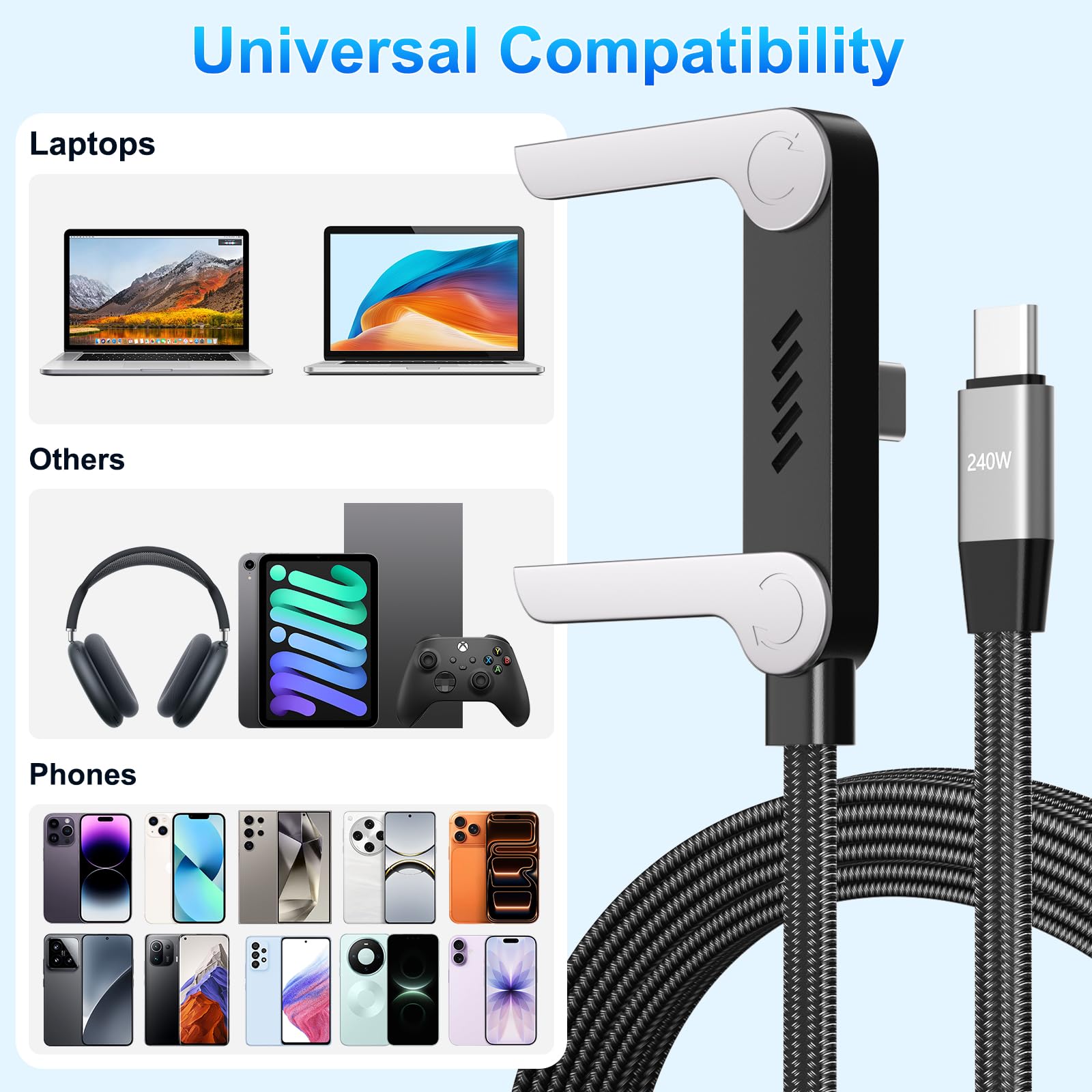 240W Braided Fast Charge Cable, 2026 New Invisible Holder Charger Cable with Stand, 4.92ft Foldable Durable 240W Stand Data Cable USB-C Cord 90 Degree Right Angle USB C Cable, Type C to Type C (1)
