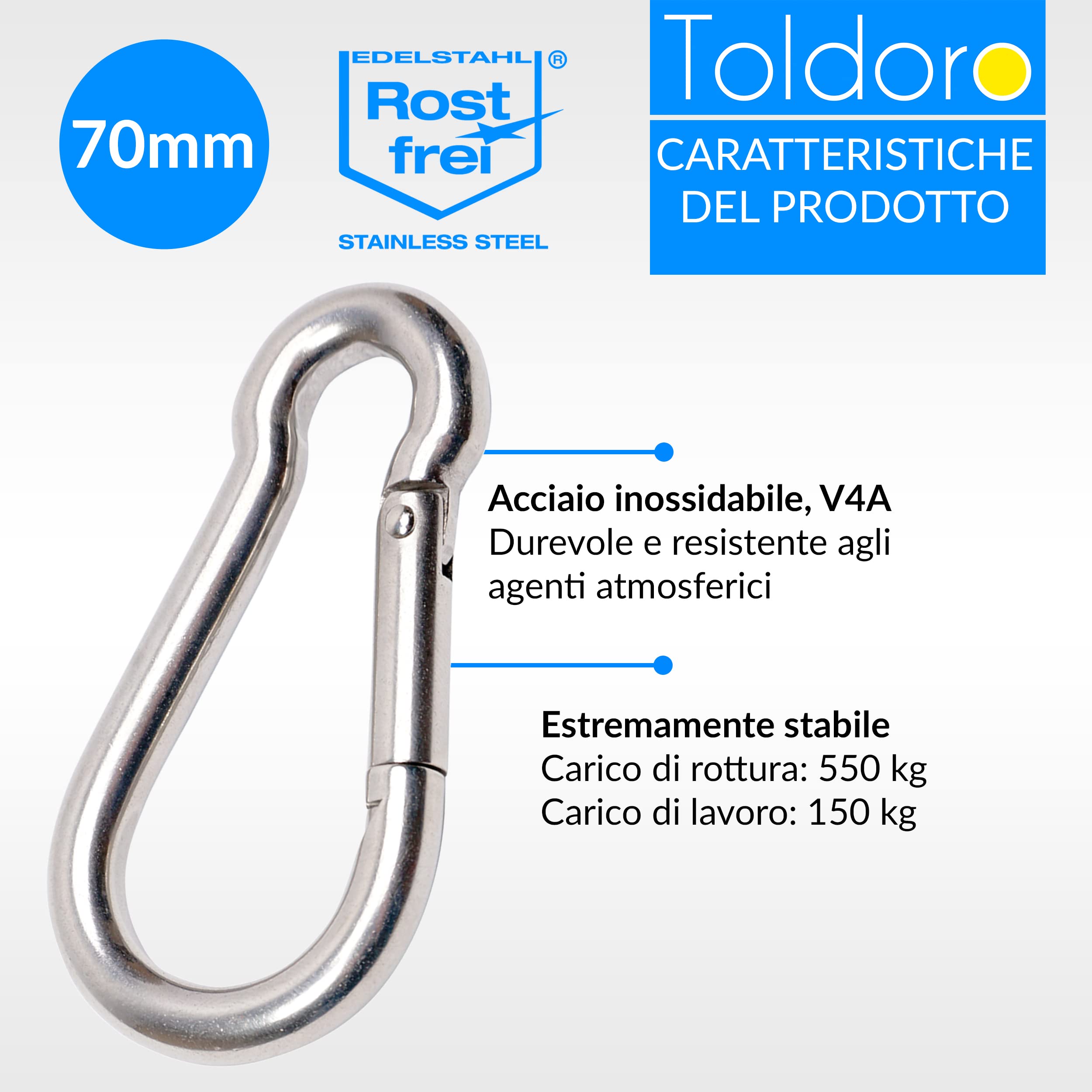Toldoro® 10x Moschettone acciaio inox 7x70mm / Moschettone multifunzione per altalena, campeggio o slackline/Carabiner/Set di moschettoni piccolo