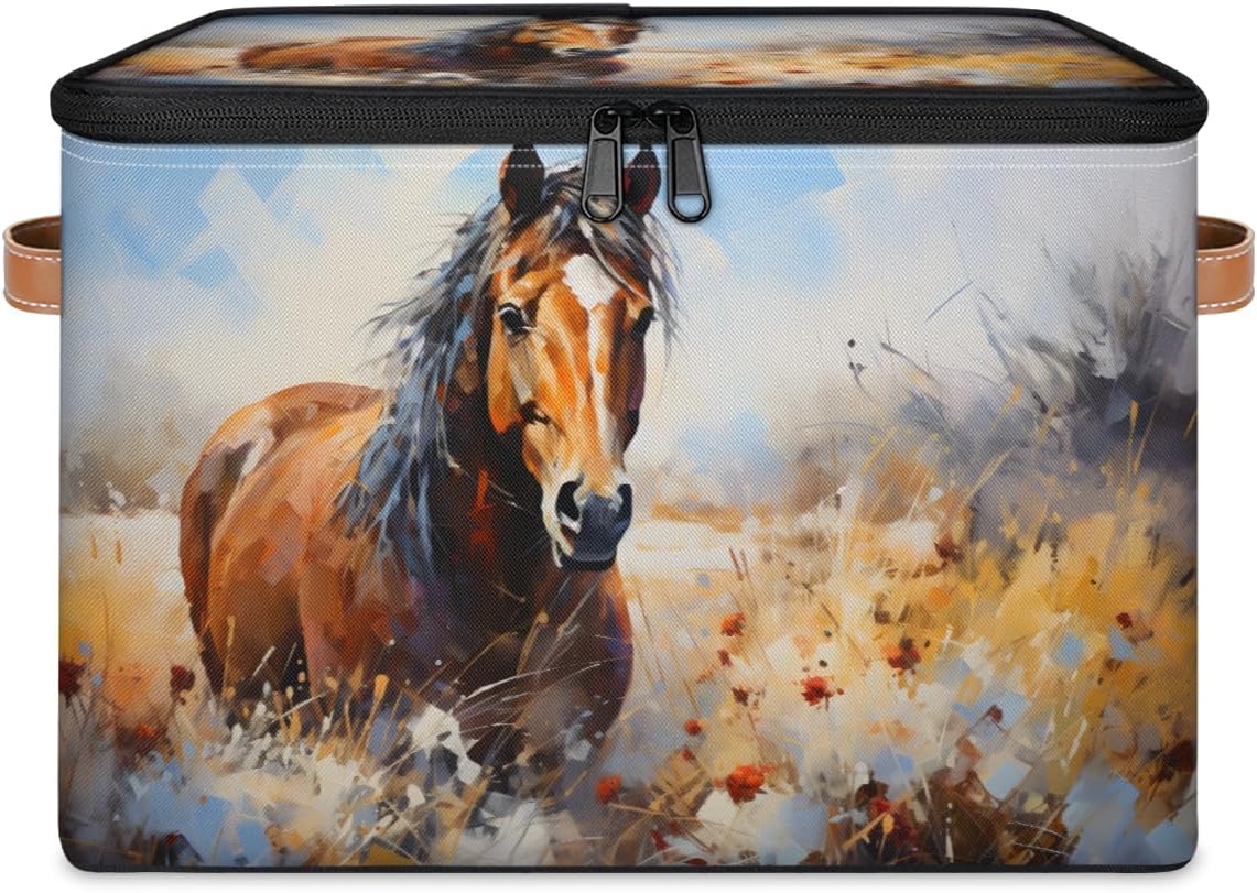 Storage Bin Set of 2 Watercolor Horse Storage Basket with Zipper Lid & Handle Foldable Closet Shelf 2 Pack Cloth Organizer Basket Cube Bins Clothes Organizer for Nursery, Bedroom