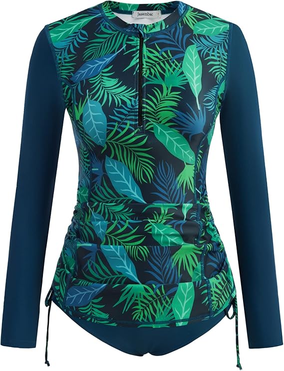 JASAMBAC Women's Rash Guard Set Ruched Drawstring Long Sleeve Swimsuit with Shorts 2 Piece UPF