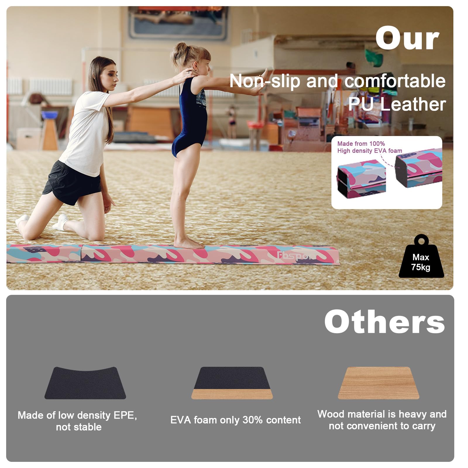 FBSPORT Trave Ginnastica Artistica per Casa 240/270/300 cm in Pelle PU, Trave di Equilibrio Pieghevole con Fondo Antiscivolo per Bambini, Principianti e Ginnasti Professionisti