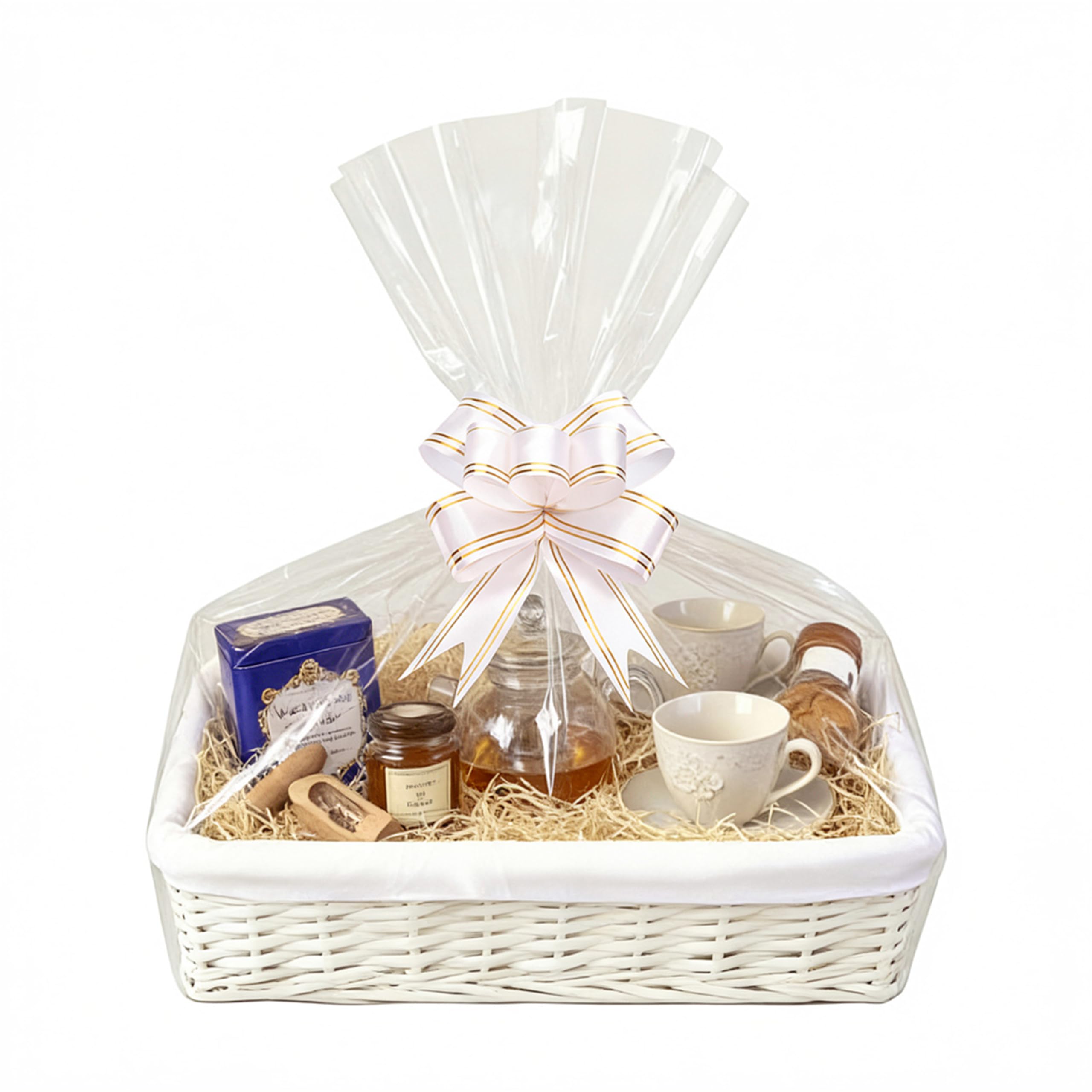 H-LINE LARGE Make Create Your Own Gift Hamper Kit - White Wicker Storage Basket Cellophane Wood Shred Bow Set - Ideal for Christmas Easter Christening Wedding Baby Shower or Birthday Gift