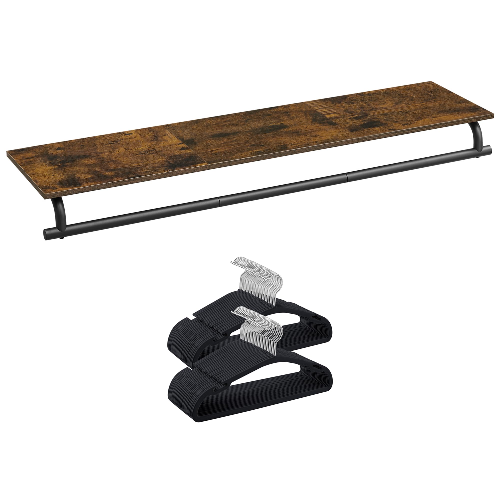 SONGMICS Clothes Rack with Top Shelf Bundle with Velvet Hangers 50 Pack, Wall Mounted, with Shoulder Notches, Rustic Brown and Ink Black UHSR135B01 and UCRF039B03