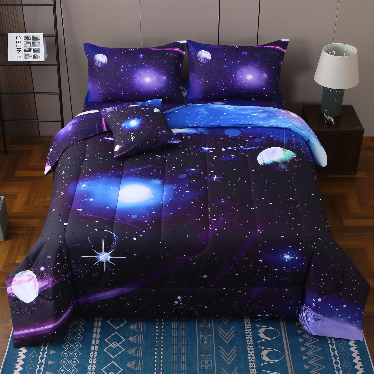 JQinHome Twin Galaxy Comforter Sets 6 Piece Bed in A Bag, Outer Space Themed Bedding for Children Boy Girl Teen Kids,1 Comforter, 1 Flat Sheet, 1 Fitted Sheet, 2 Pillowshams, 1 Cushion Cover(Purple)