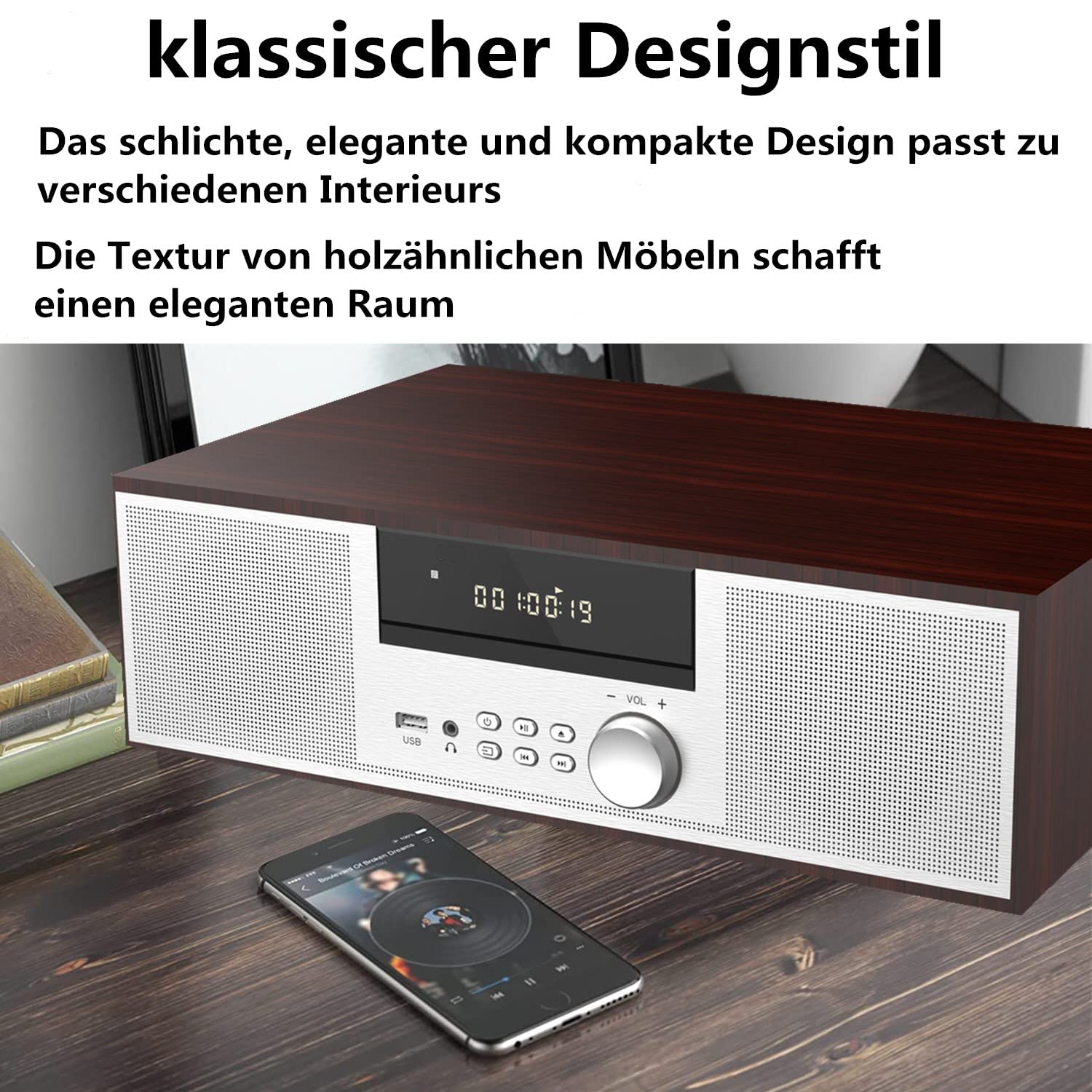 Jahrgang Micro HiFi-System CD-Stereoanlage Mini-Komponente 40W RMS CD-Player UKW/Bluetooth-kompatibel/USB/AUX/Fernbedienung/Kopfhörerbuchse Kompatibel mit hochauflösender Klangquelle,Silber,hölzern