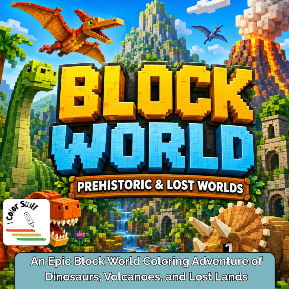 I Color Stuff: Block World. Prehistoric & Lost Worlds: An Epic Block World Coloring Adventure of Dinosaurs, Volcanoes, and Lost Lands (I Color Stuff: Coloring Books for Kids & Adults)