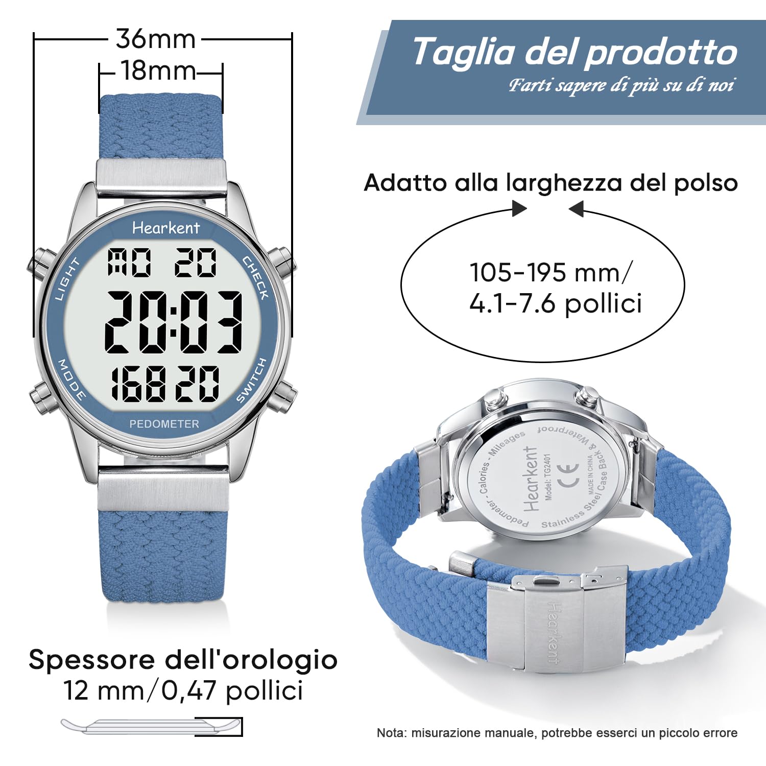 Hearkent Orologio contapassi pedometro da donna, goderti passi, chilometraggio, calorie, conto alla rovescia, sveglia e altre funzioni. Nessuna app, ricarica richiesta o bluetooth, 2401