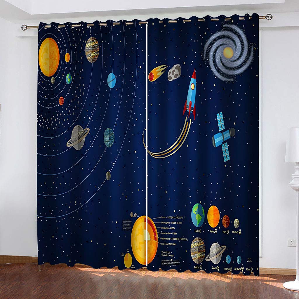 3D Space Planet Rocket Eyelet Ring Top Curtains for Living Room - Thermal Insulated Kids Blackout Curtains for Bedroom 150X160cm 2 Panels, Super Soft Microfiber Window Treatments for Nursery