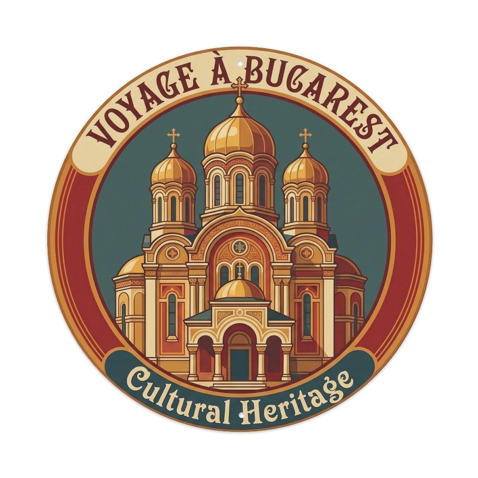Bucharest Cathedral Destination Scenery Cultural Landmark Metal Tin Sign Plaque Wall Decor for Cafe, Man Cave, Club Bar, Office, Home Garden Round Metal Poster 8x8Inch