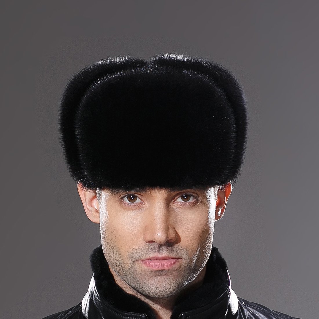 URSFUR Russian Ushanka Hat Mens Winter Real Min Trapper Cap Black M