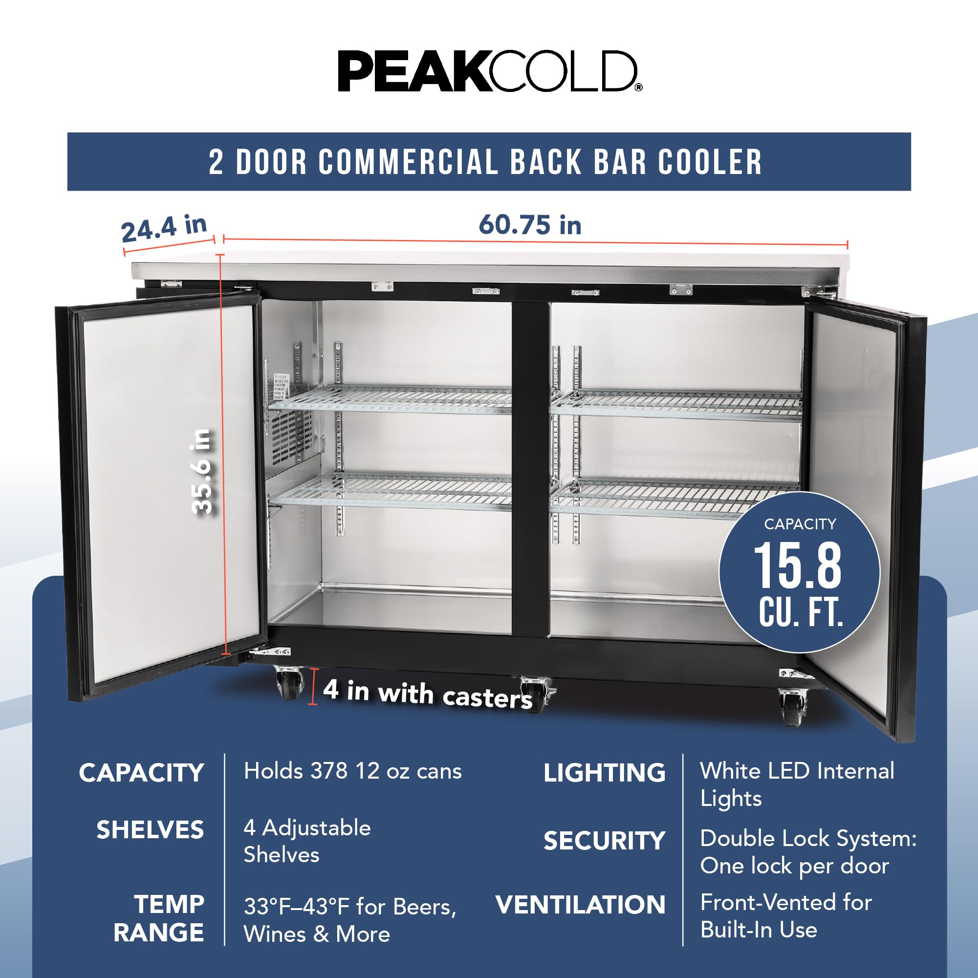 Peakcold 2-Door Counter Height Beverage Refrigerator - 61" Wide Energy Efficient Solid Black Beer Cooler & Bar Fridge With White LED Lighting - Commercial Back Bar Cooler on Fridge.com - View 6
