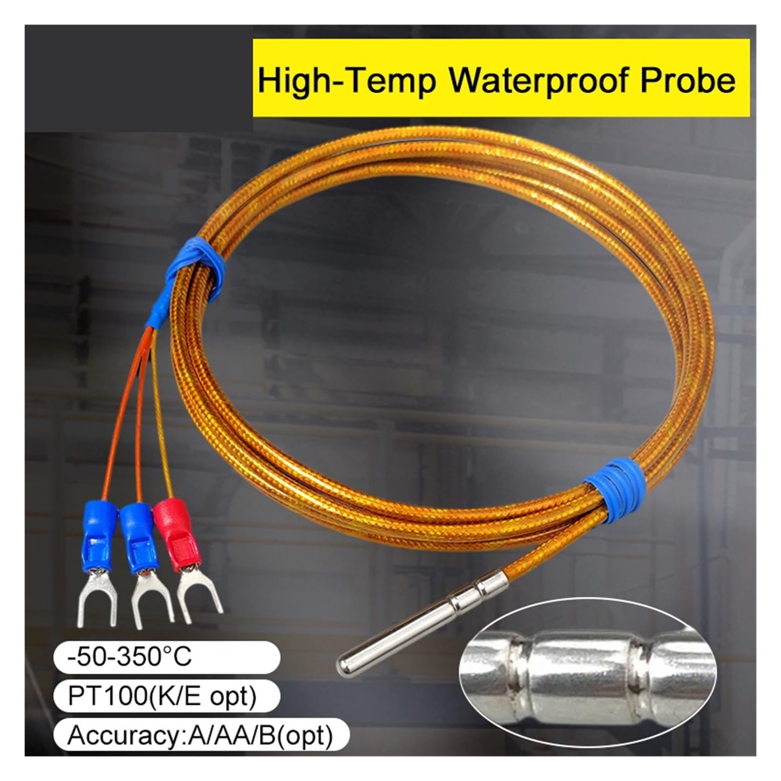 WAPT-035-GK-PT100 Sensor de temperatura Sonda RTD Acero inoxidable resistente al agua -50-350C Cable trenzado industrial de 4x30 mm | A-4m