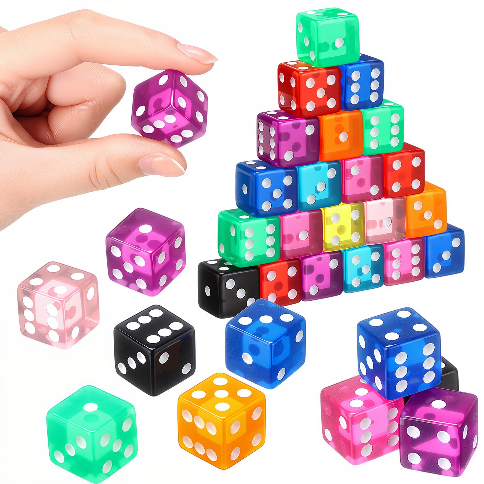 Seenelling Juego de 100 Dados de 19 mm de Estilo Casino, acrílicos y translúcidos, Dados D6, Cuadrados con Borde Redondeado para Casino, Dados, Juegos de Mesa y Juegos de Mesa (Multicolor)